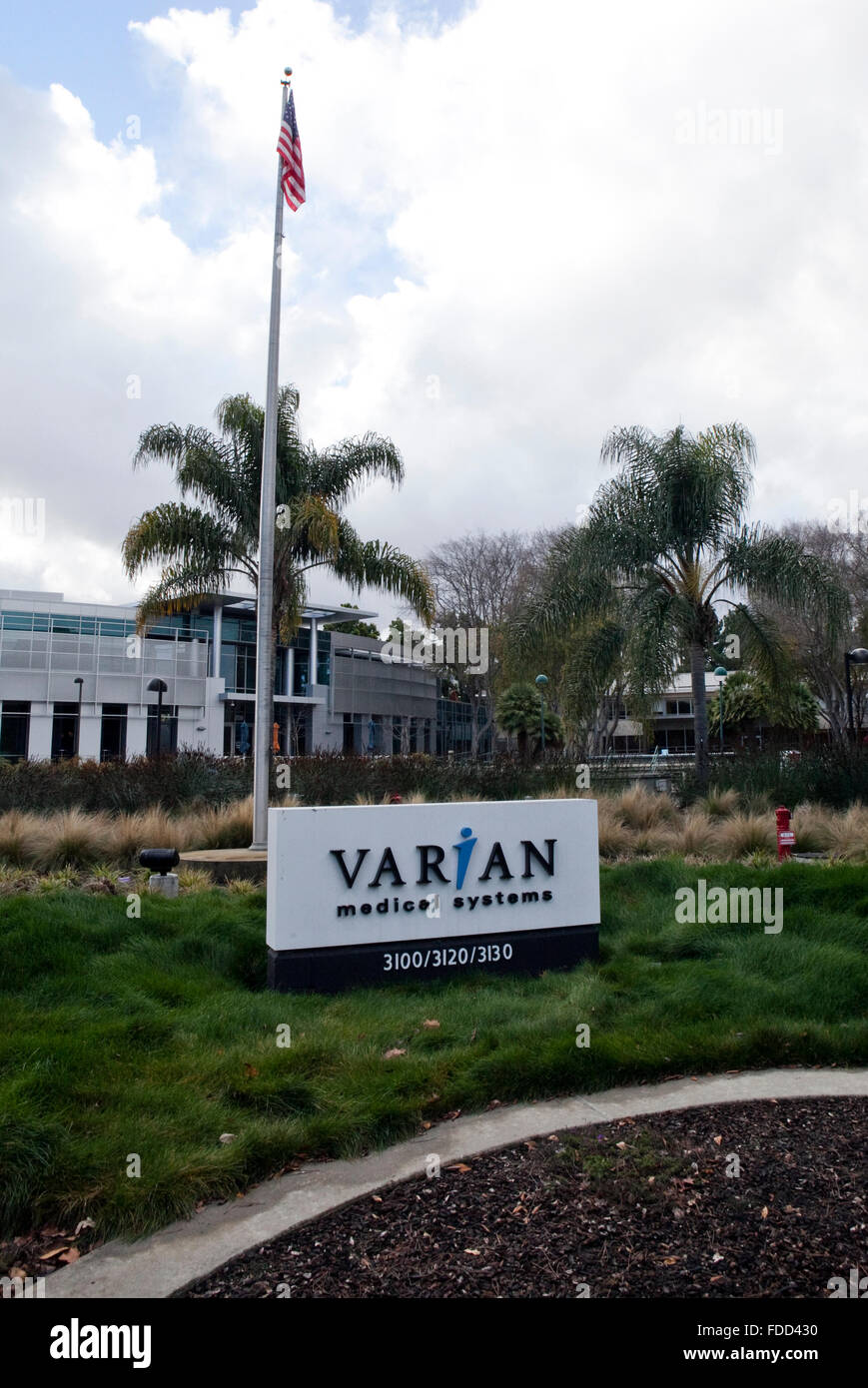 A sign is seen at the headquarters of Varian Medical Systems in Palo Alto, California Stock Photo