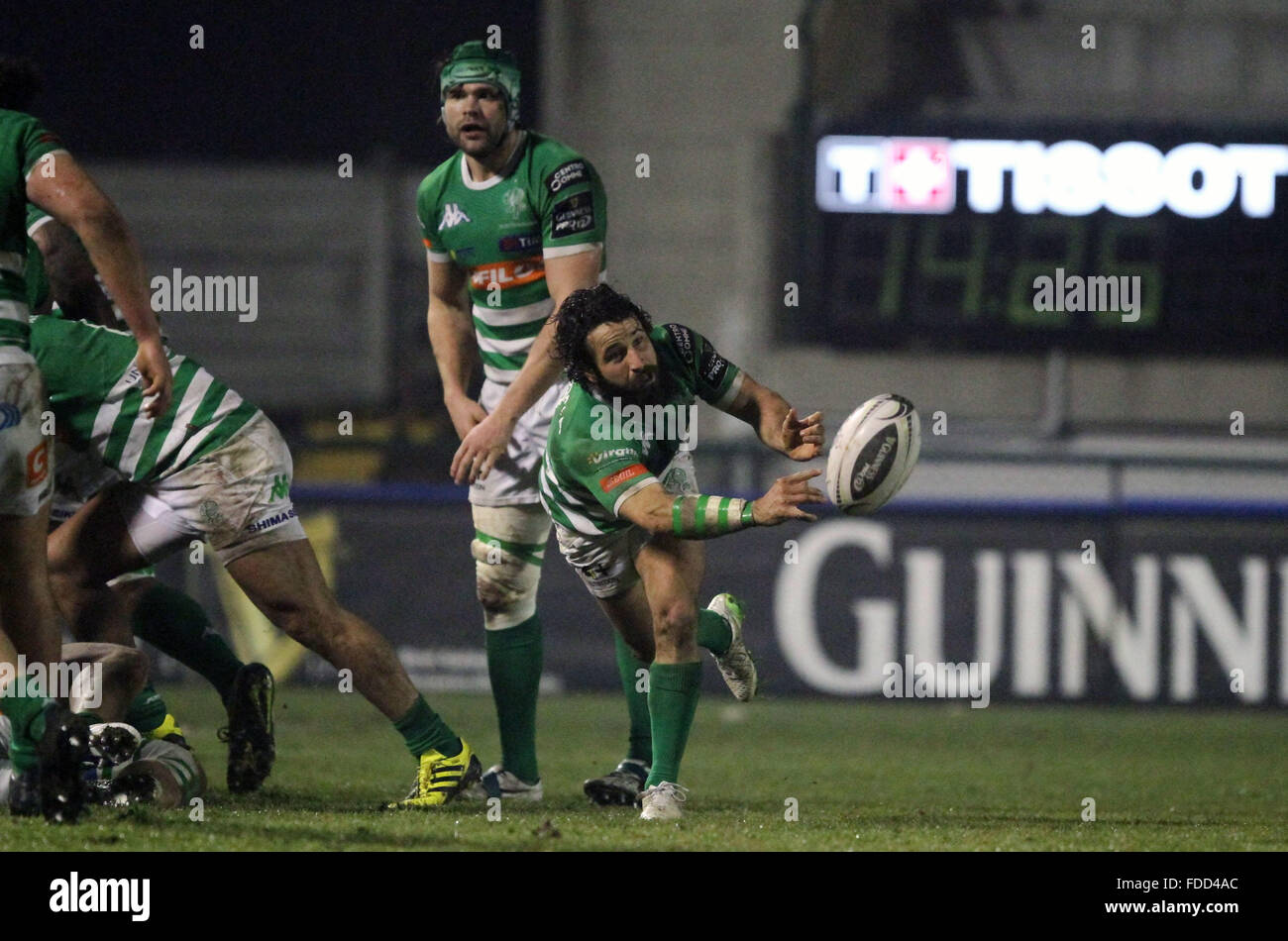 Treviso, Italy. 30th Jan, 2016. Treviso's player Alberto Lucchese passes the ball during Rugby Guinness Pro12 match between Benetton Treviso and Ulster. Credit:  Andrea Spinelli/Pacific Press/Alamy Live News Stock Photo