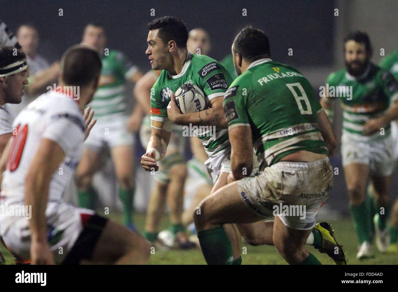 Treviso, Italy. 30th Jan, 2016. Treviso's player Sam Christie runs with the ball during Rugby Guinness Pro12 match between Benetton Treviso and Ulster. Credit:  Andrea Spinelli/Pacific Press/Alamy Live News Stock Photo