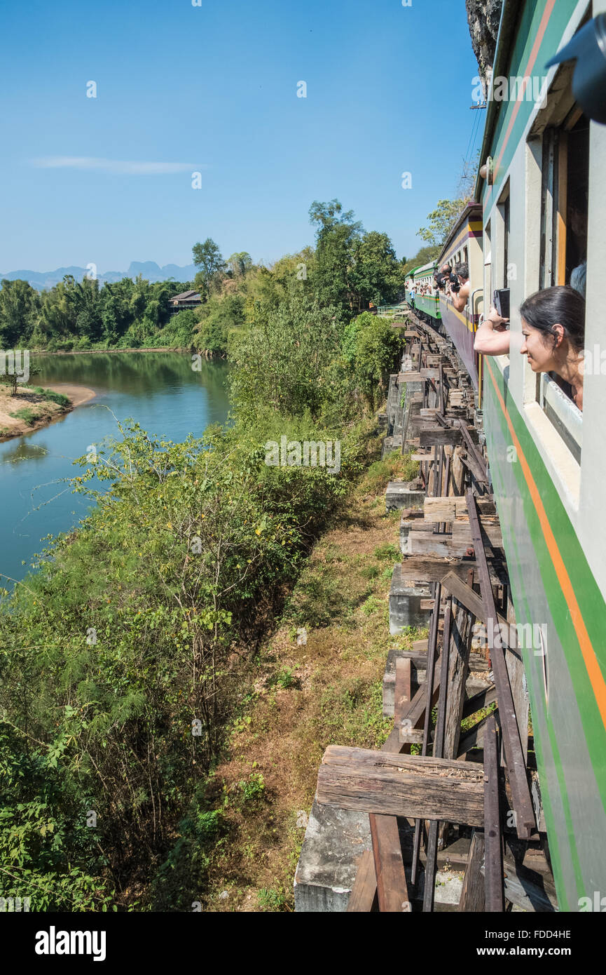 Siam Burma Death Railway Trestle bridge and the River Kwai Yai Stock Photo