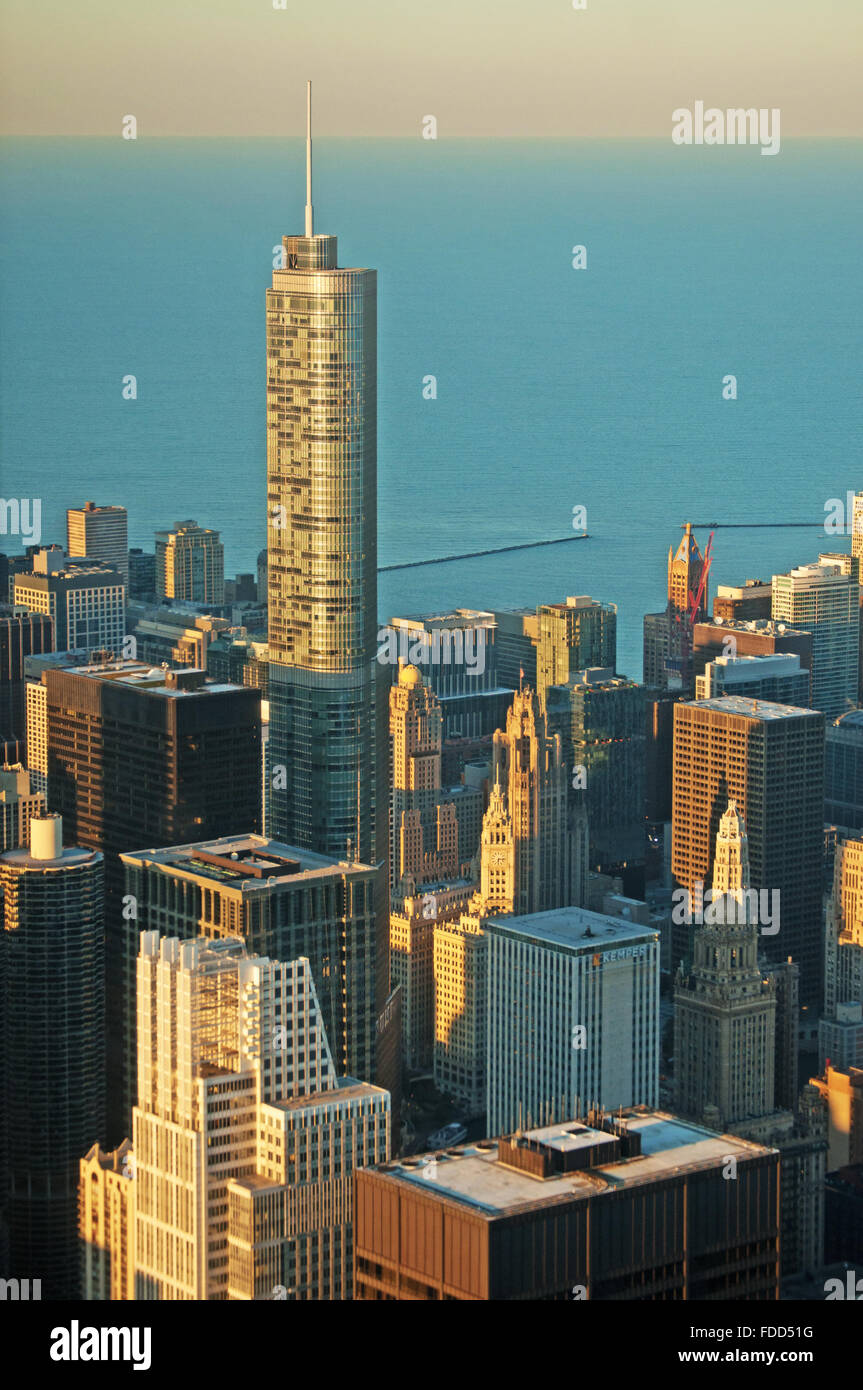 Chicago, Illinois, United States of America: skyline at sunset seen through the glass of the Willis Tower observation deck Stock Photo