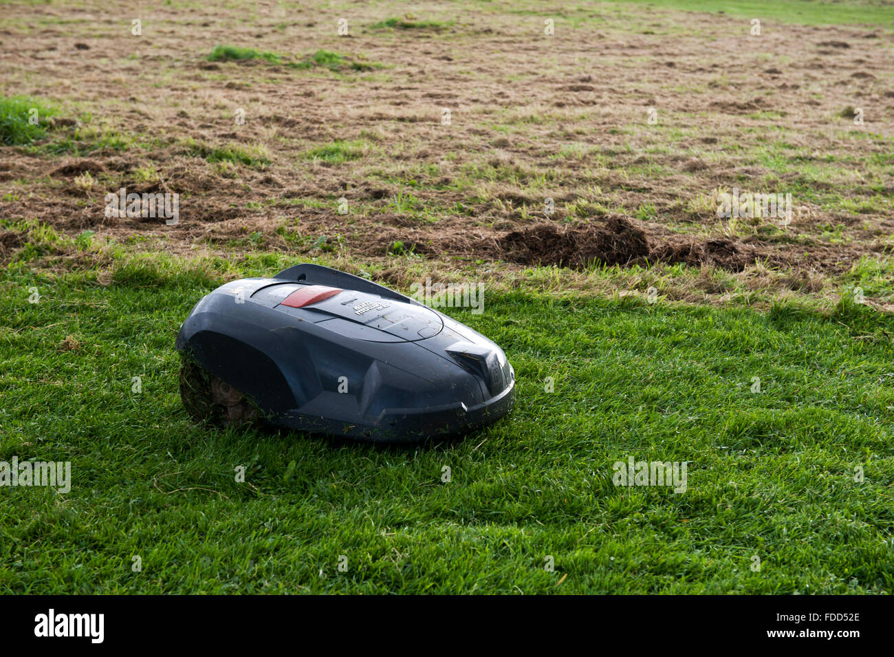 Robot mower on grass England UK Europe Stock Photo