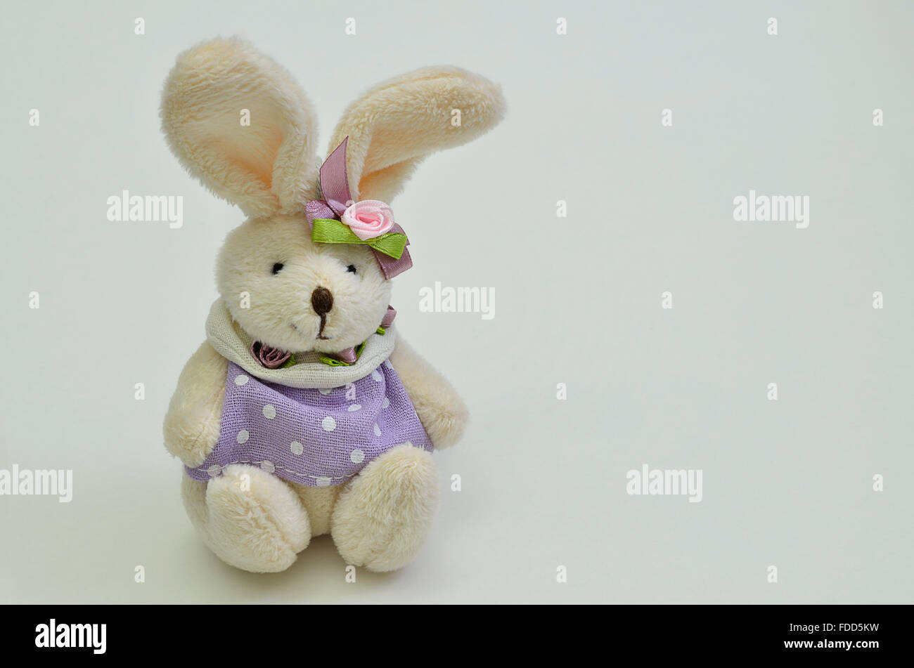 close up of a beige Easter bunny, female with purple dress,  sitting on white background, horizontal Stock Photo