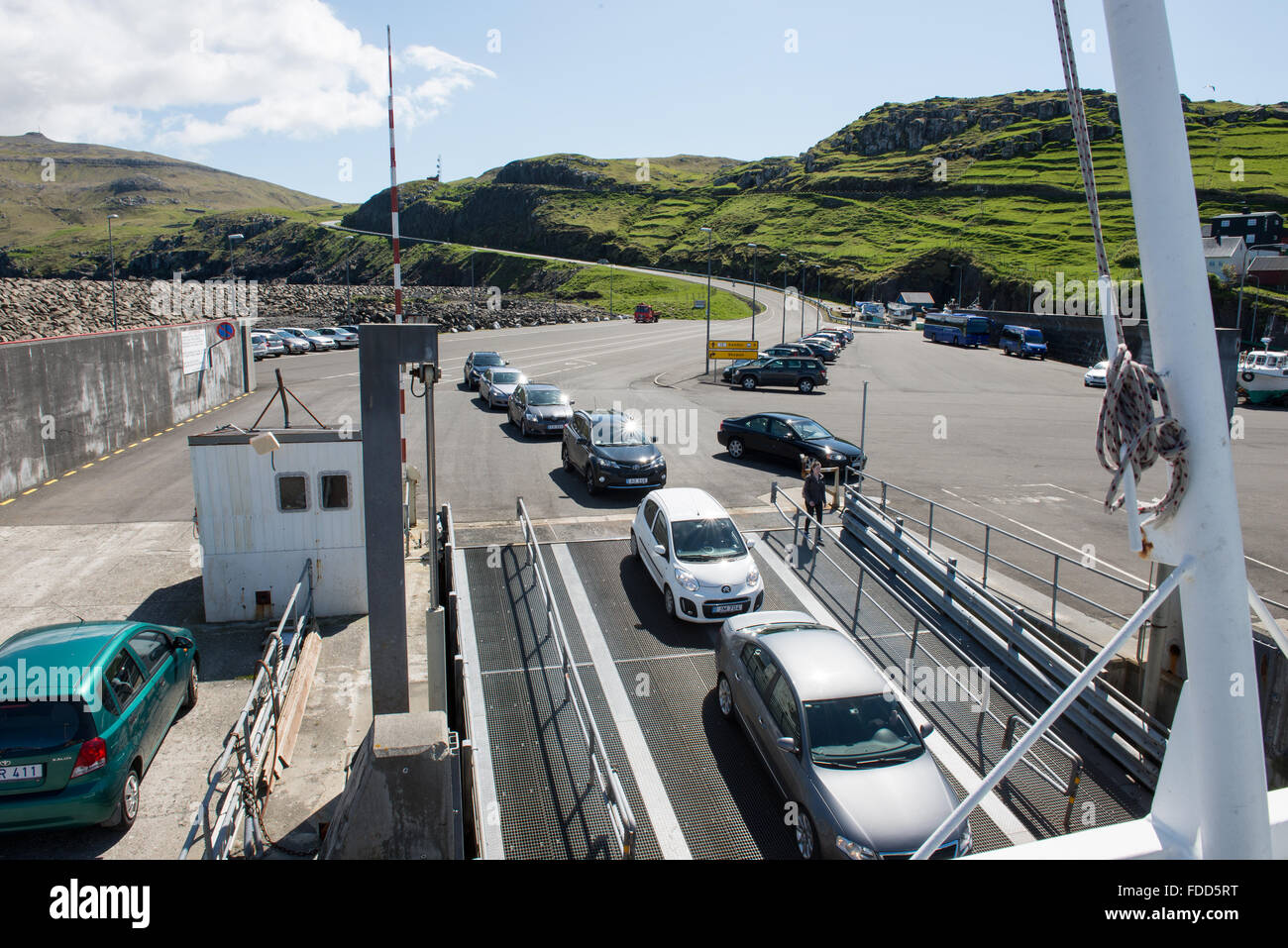 Cars waiting to get on a ferry in Skopun on the Faroe Islands Stock Photo