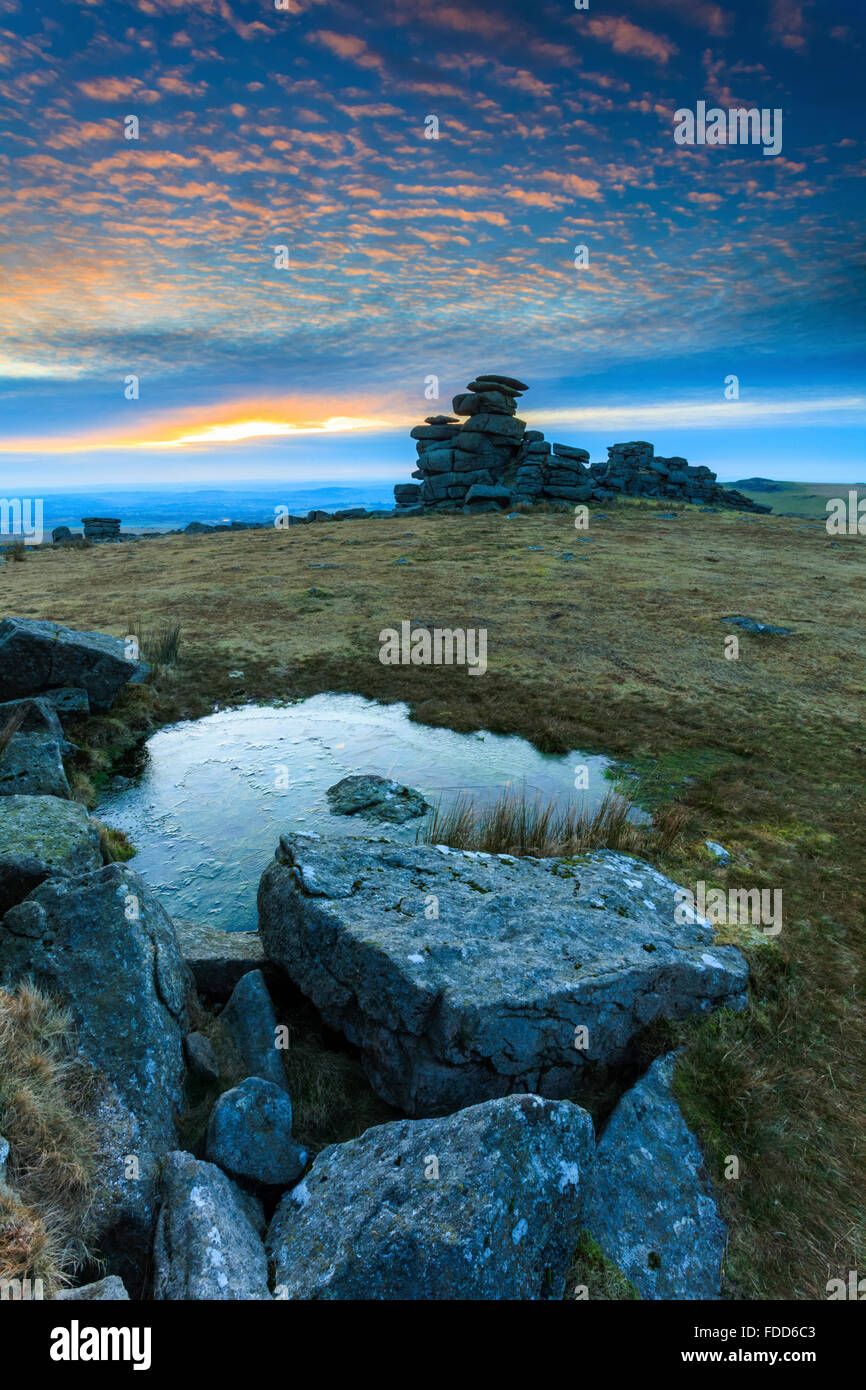 Sunset at Great Staple Tor in the Dartmoor National Park. Stock Photo