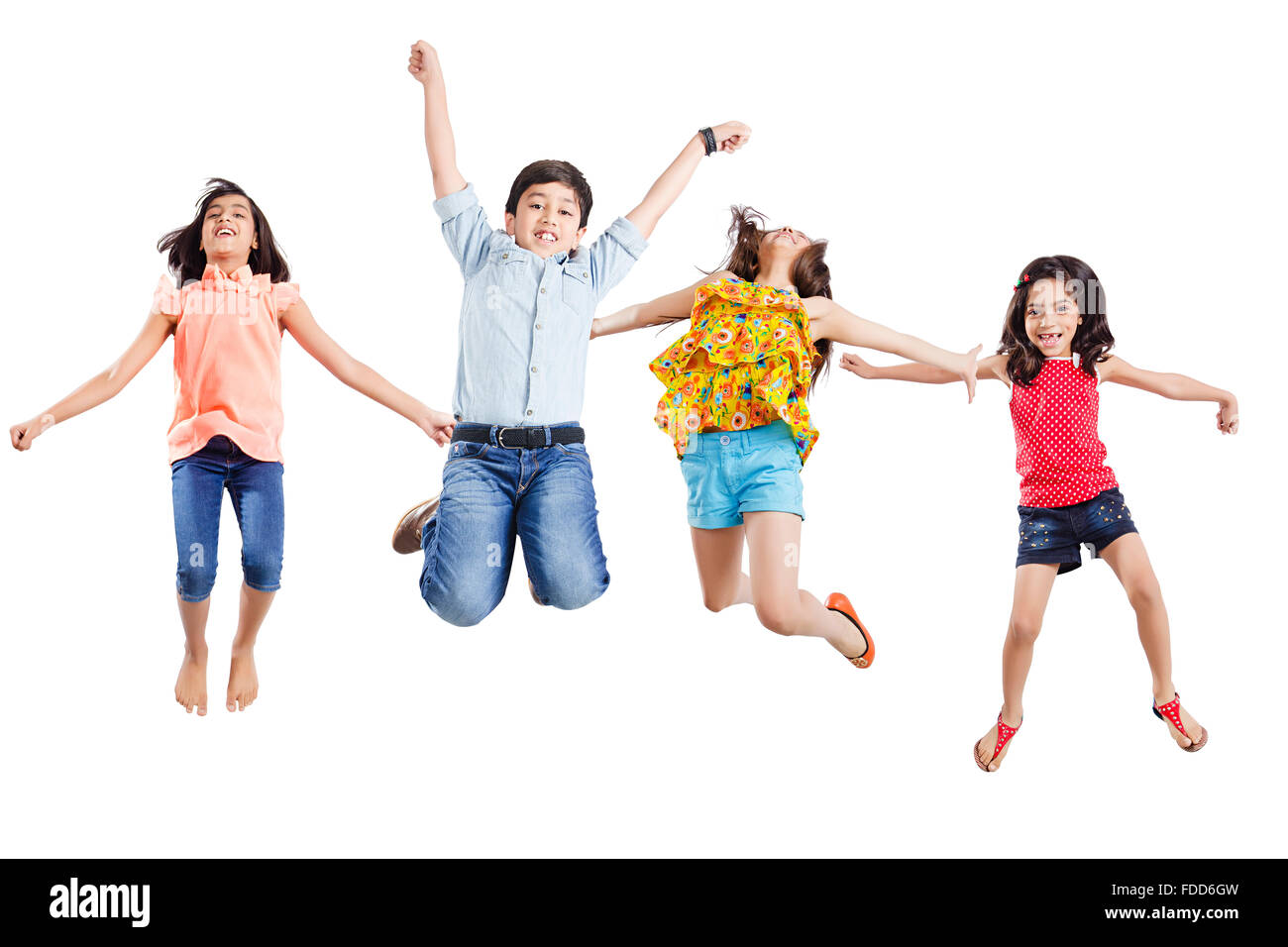 4 Kids Friends Jumping Cheering Stock Photo