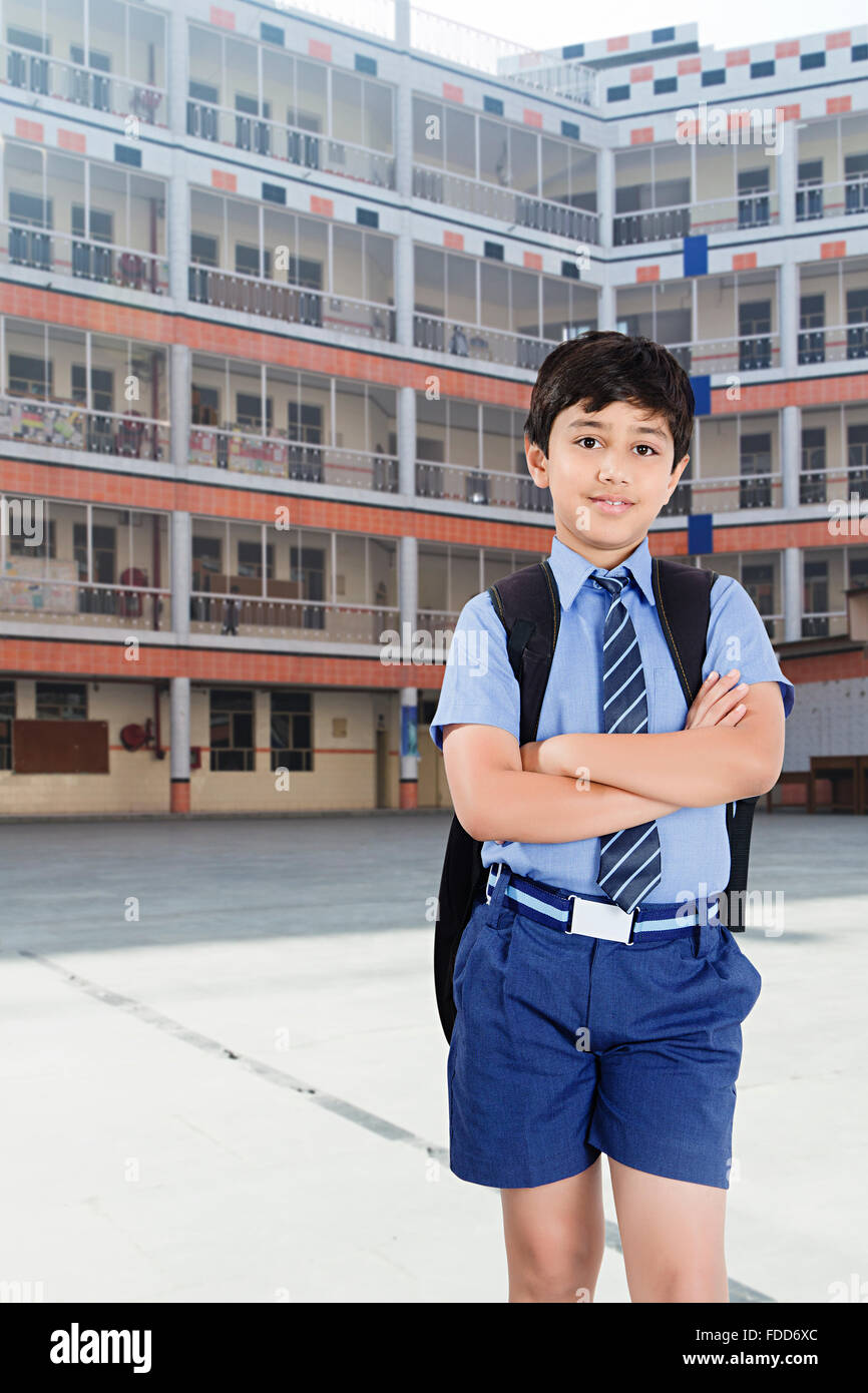 1 Child Boy Student School Building Courtyard Standing Stock Photo