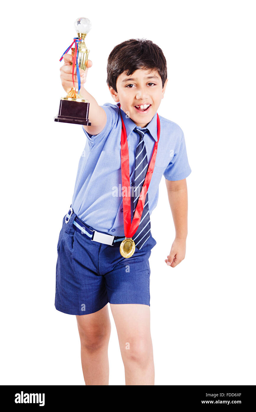 1 Child Boy School Student Victory Trophy Showing Stock Photo