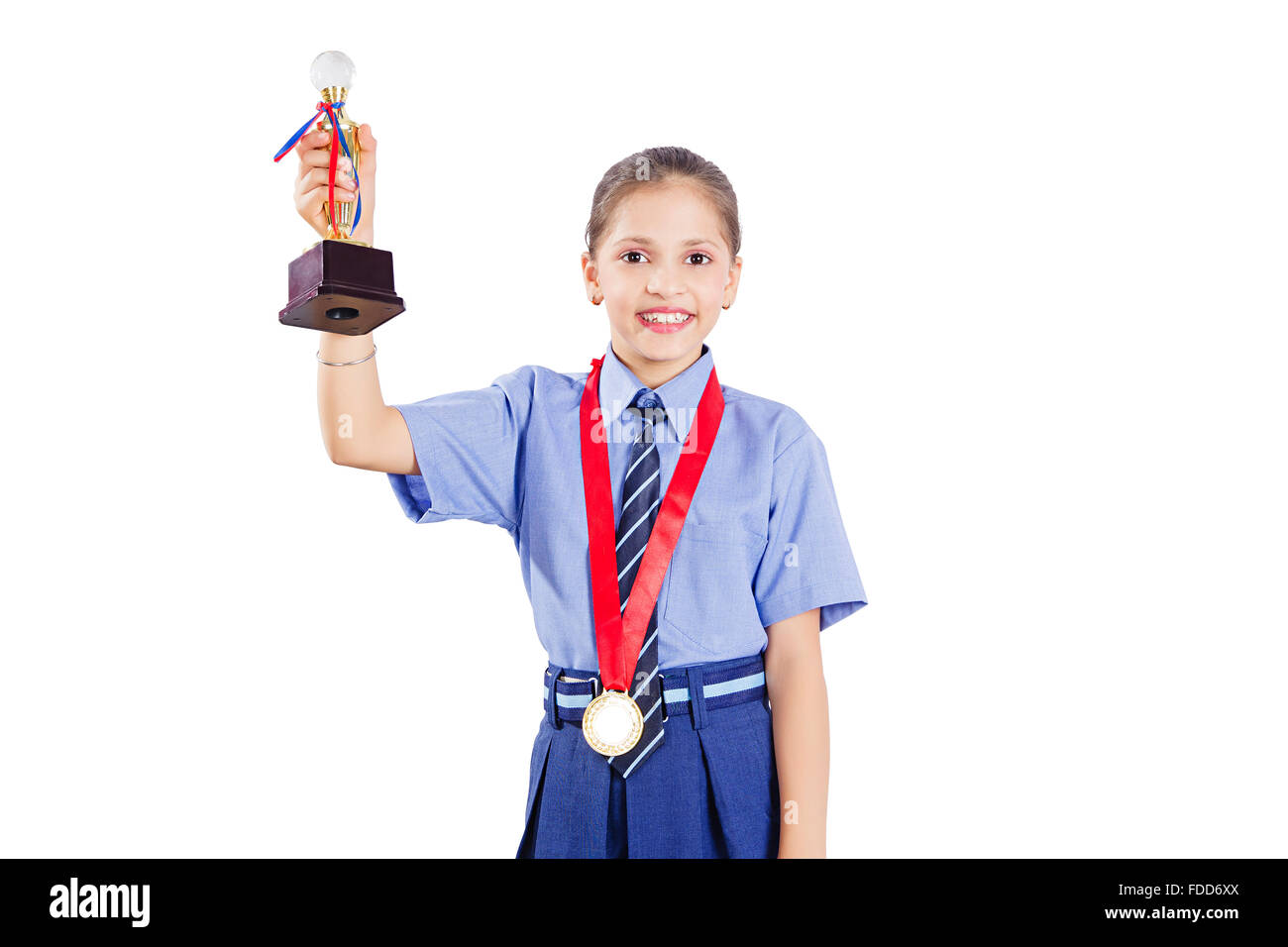 1 Child Girl School Student Victory Trophy Showing Stock Photo