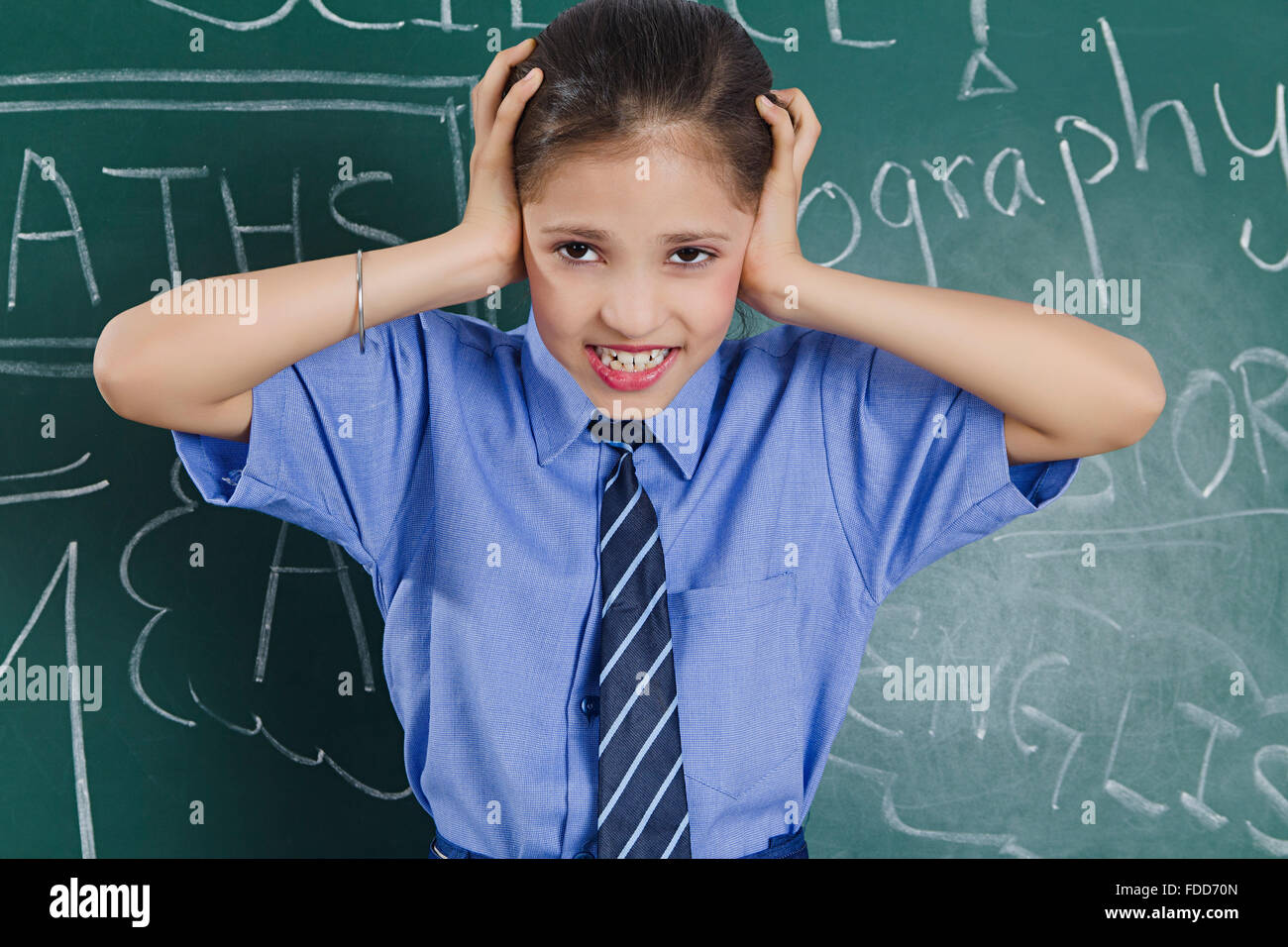 1 Child Girl School Student Classroom Rejection Covering Ear Stock Photo