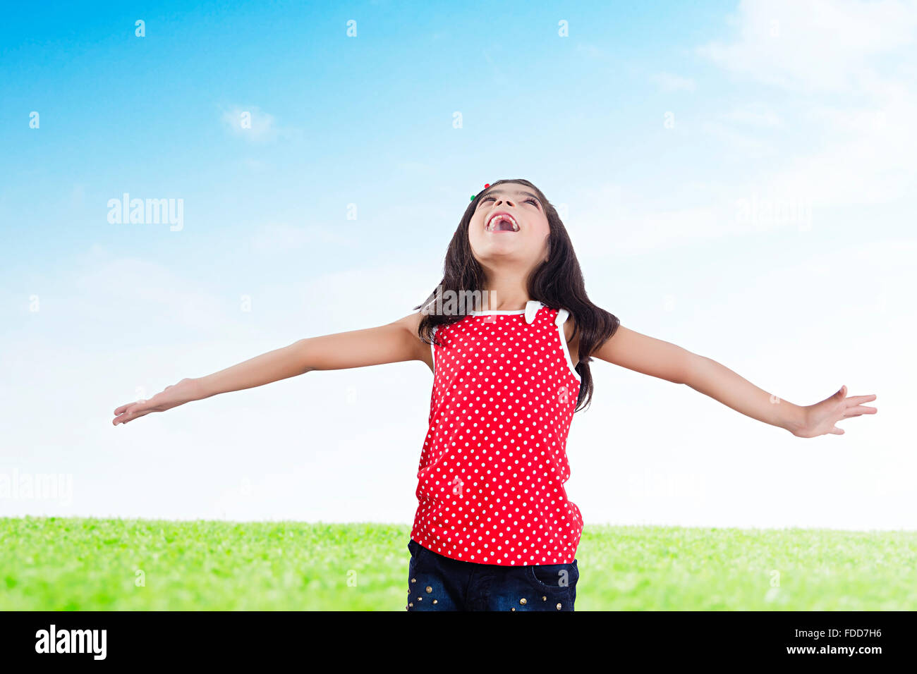 1 Child Gir Park Standing Looking up Watching Stock Photo
