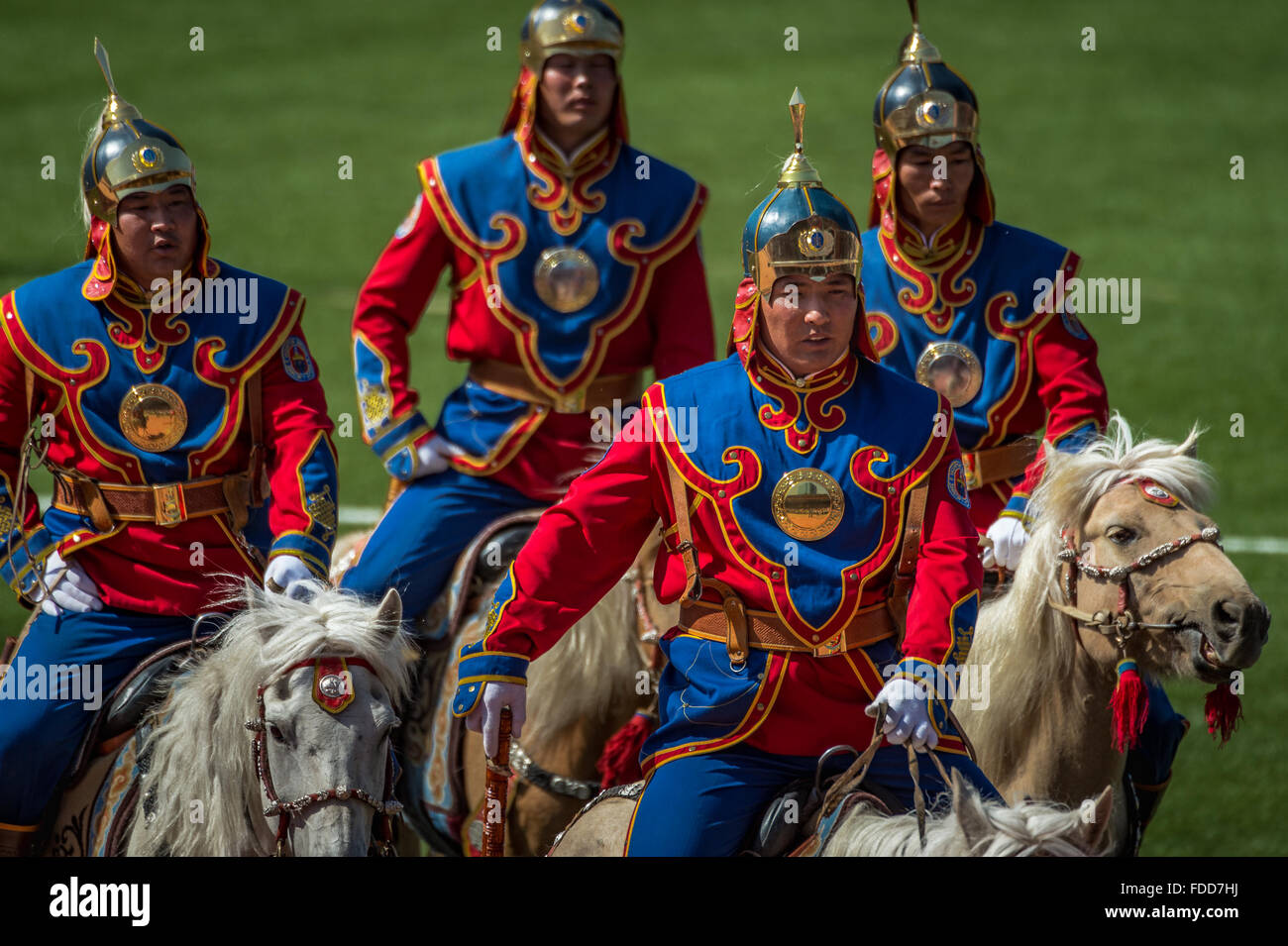 Mongolian Honor Guard riding horses. Stock Photo
