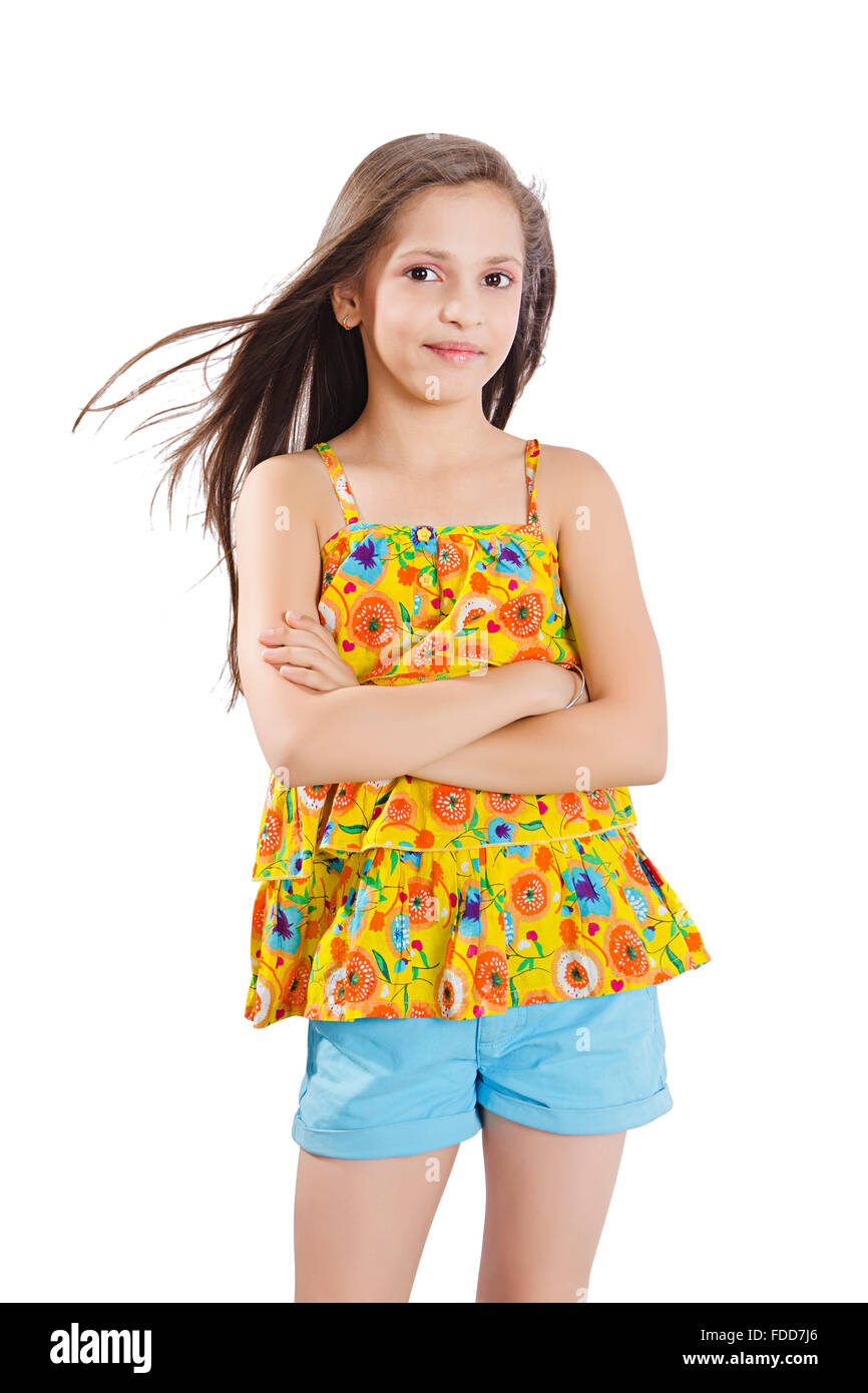 1 Beautiful Child Girl Arms Crossed Standing Pose Stock Photo