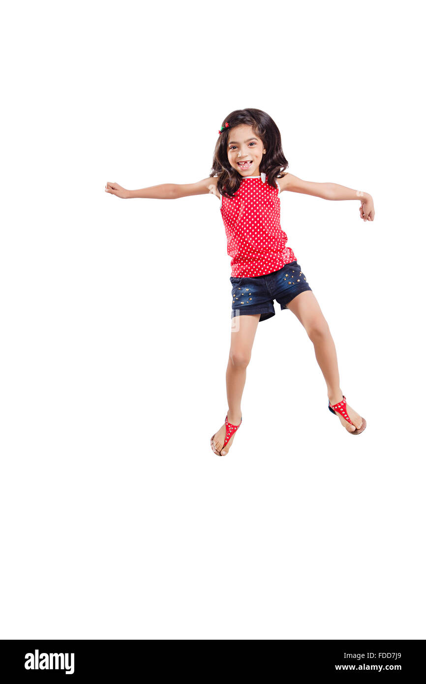 1 Child Girl Jumping Cheering fun Stock Photo