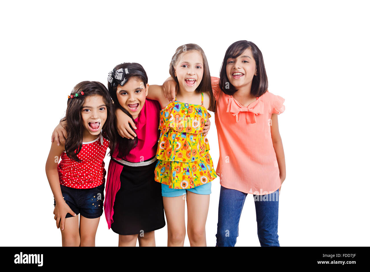4 Kids Girls Friends Arms around Standing Shouting Fun Stock Photo ...