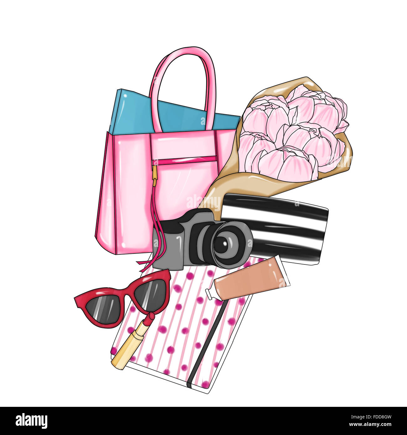 Hand drawn fashion illustration - Background - Fashion designer bag with  various items Stock Photo - Alamy