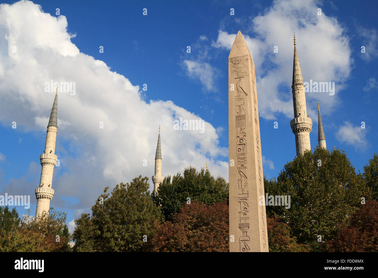 The Obelisk of Theodosius and Blue Mosque Towers in Istanbul, Turkey Stock Photo