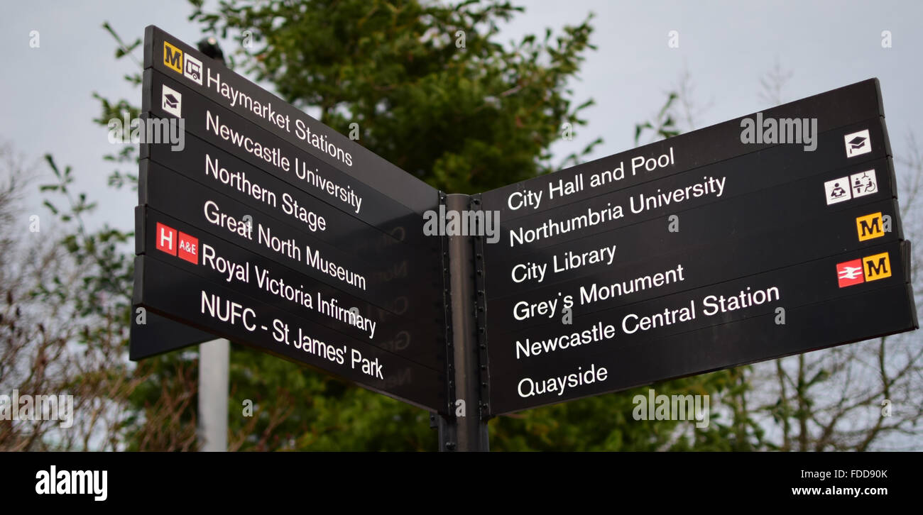 Signpost in Newcastle upon Tyne directing to some popular locations Stock Photo