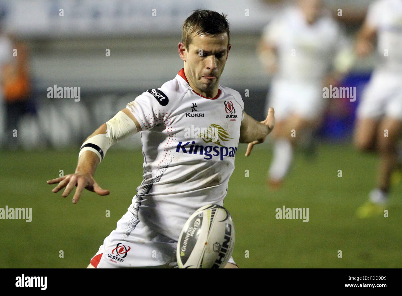 Treviso, Italy. 30th January, 2016. Ulster's player Paul Marshall kicks a ball during Rugby Guinness Pro12 match  between Benetton Treviso and Ulster on 30th January, 2016. Credit:  Andrea Spinelli/Alamy Live News Stock Photo
