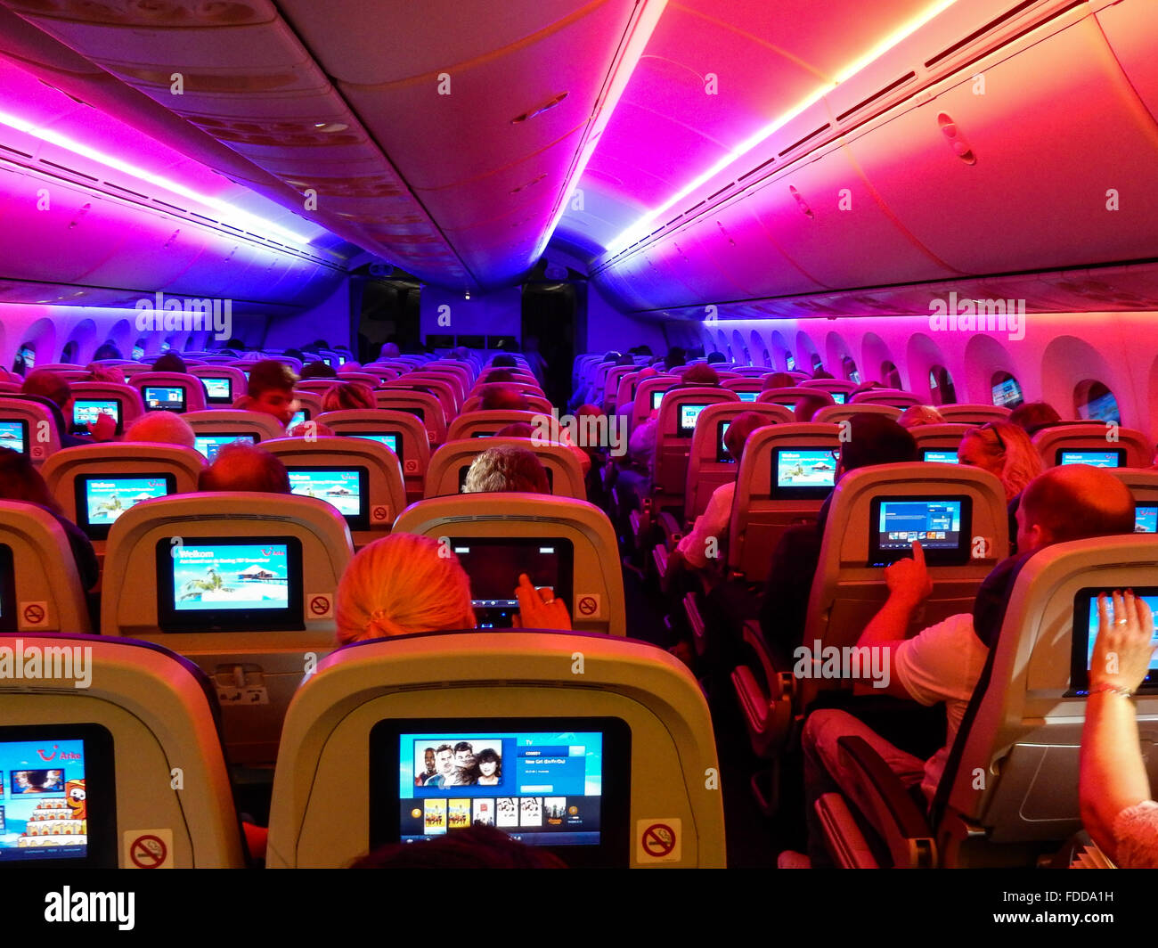 colourful lights in new boeing dreamliner Stock Photo