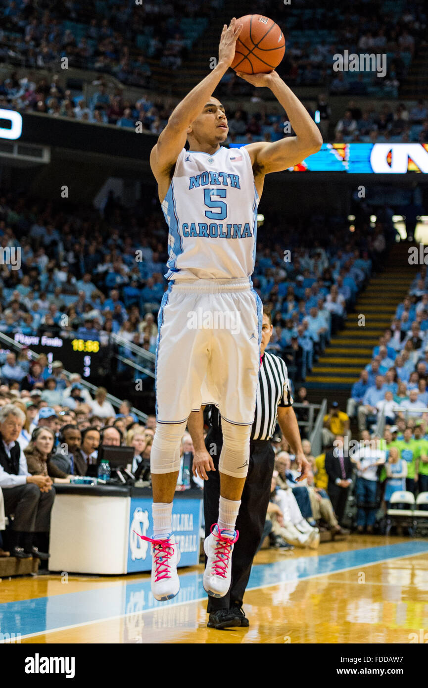 Chapel Hill, North Carolina. 30th January, 2016. UNC guard Marcus Paige (5)  during the NCAA College Basketball game between the Boston College Eagles  and the North Carolina Tar Heels at the Dean