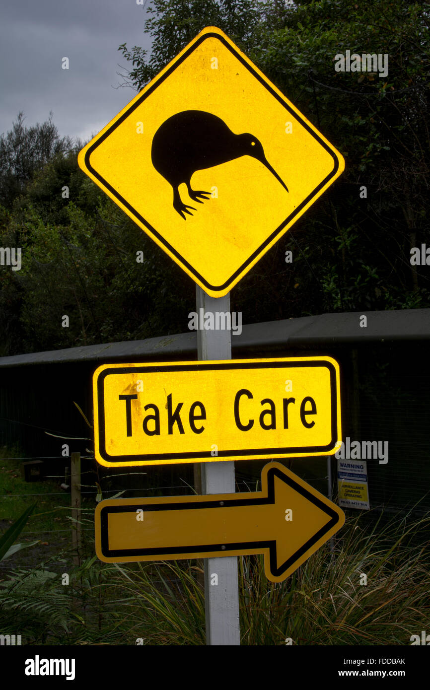 An indication sign warns about kiwis crossing in  New Zealand.  Ein Hinweisschlild auf Kiwis in Neuseeland. Stock Photo
