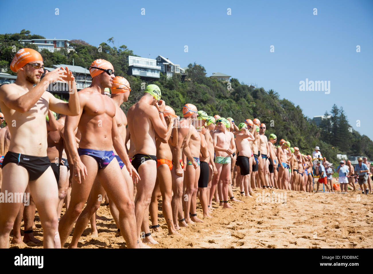 Macquarie Big swim, 42nd annual big swim from Palm Beach to Whale Beach Sydney, a 2.8km ocean swim which is part of the Pittwater Ocean swims series, competitors have a staggered start for males/females and for age bands. There is also a shorter 1km course.  This is one of Australia's iconic ocean swims and attracts many male and female competitors. Credit:  model10/Alamy Live News Stock Photo