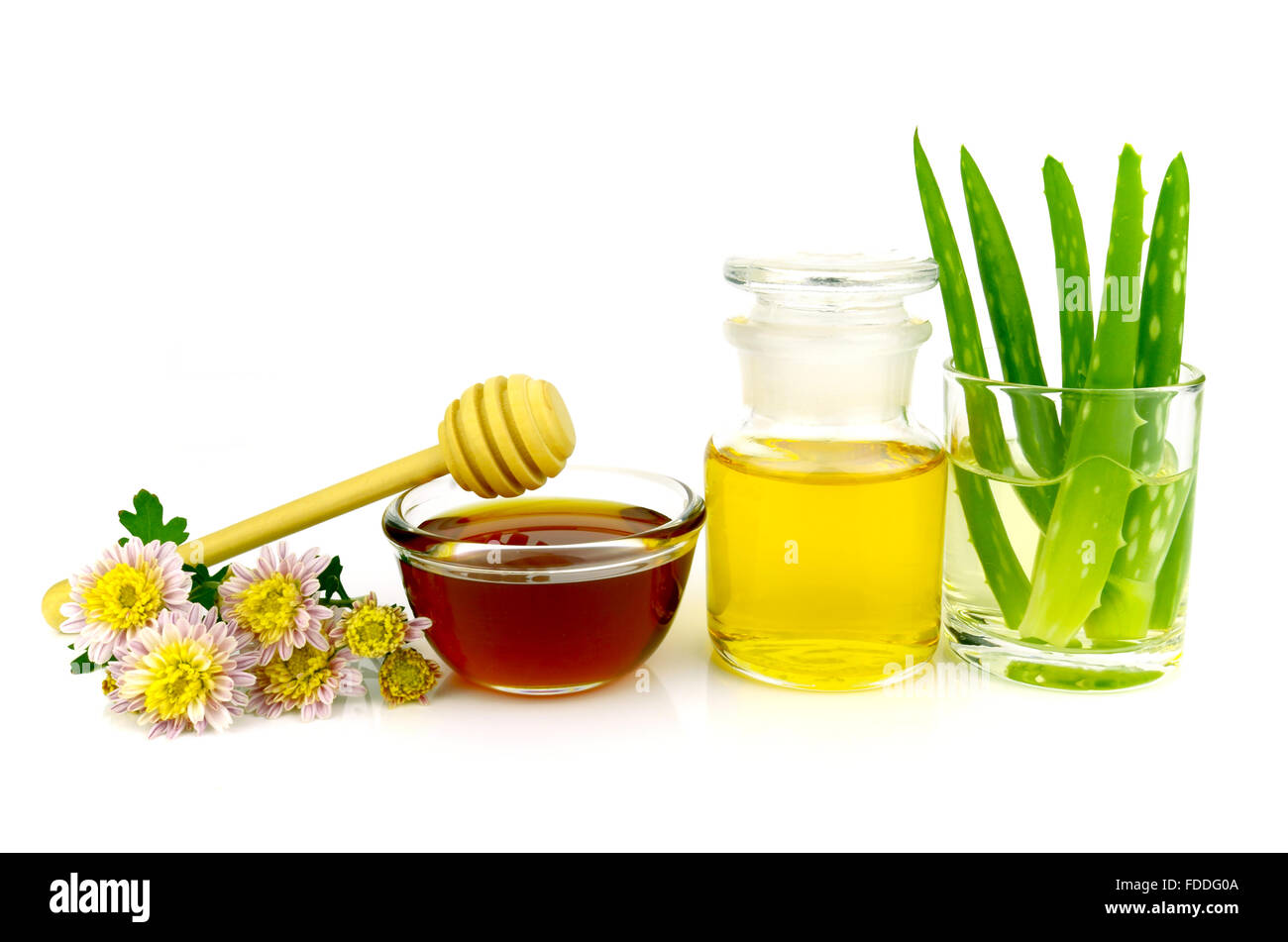 Aloe vera hair and facial treatment paste mask ingredients on white background. Stock Photo