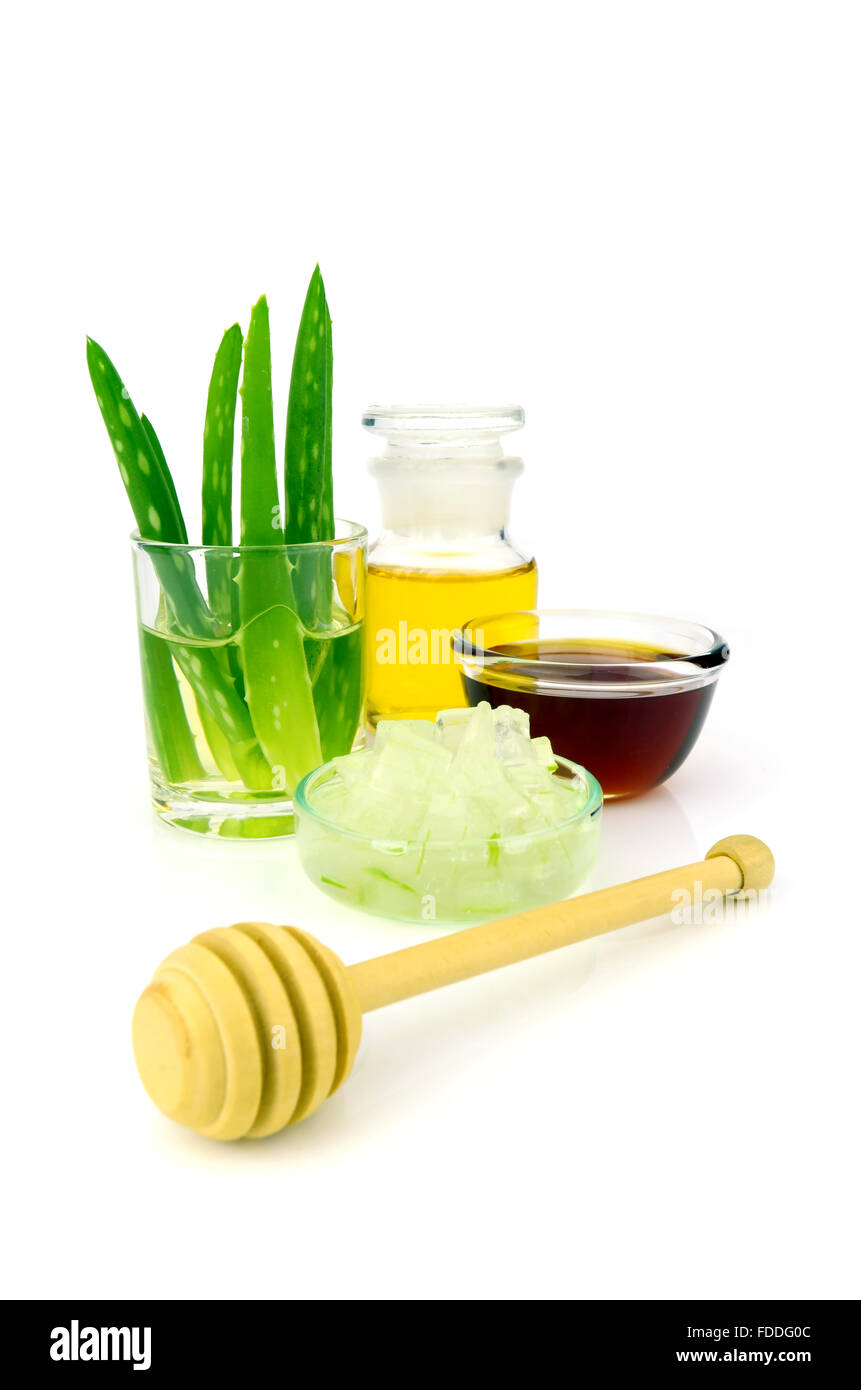 Aloe vera hair and facial treatment paste mask ingredients on white background. Stock Photo