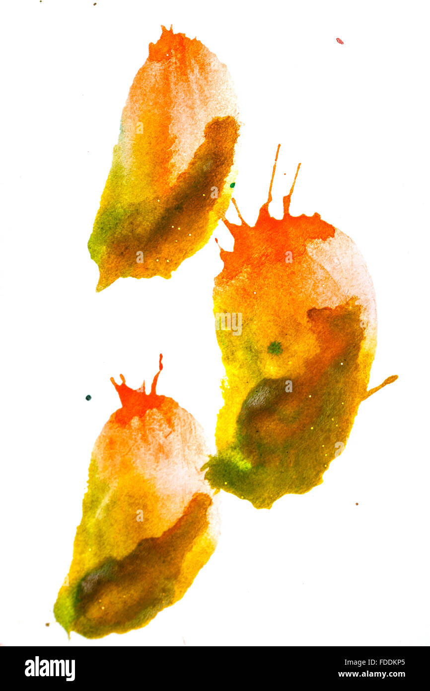 Watercolor abstract art. Drawing in the children's style. Orange, green, yellow shades. Design