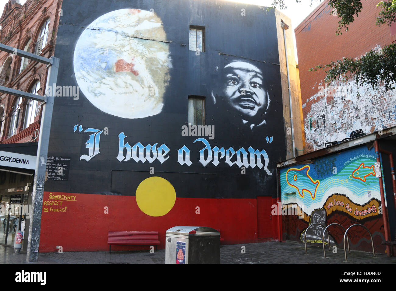 ‘I have a dream’ mural with Aboriginal flag on King Street, Newtown in Sydney. Stock Photo