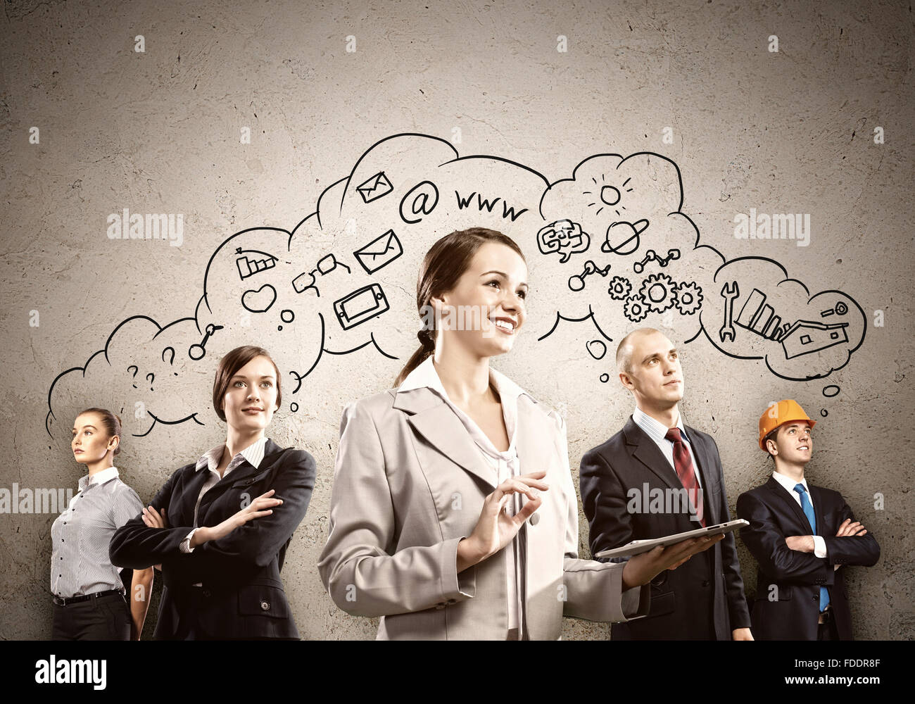 Image of young businesspeople team. Collage background Stock Photo - Alamy
