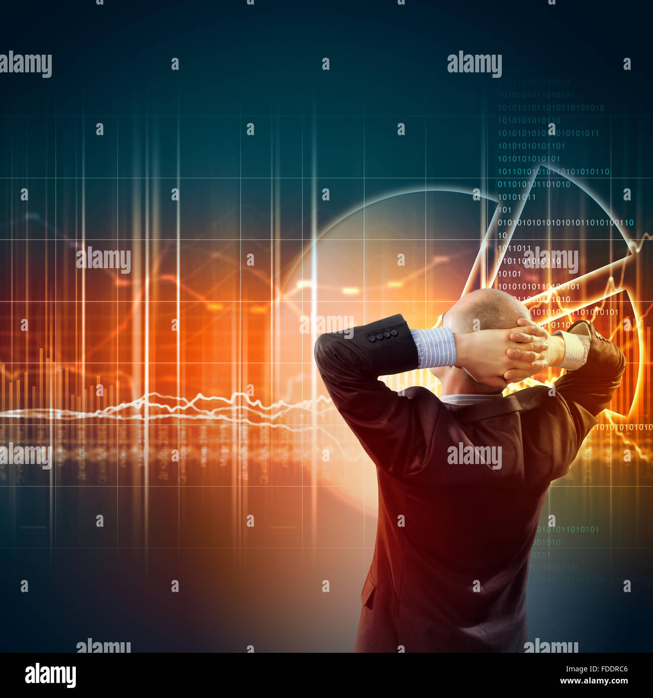 Back view image of businessman with arms crossed behind head Stock