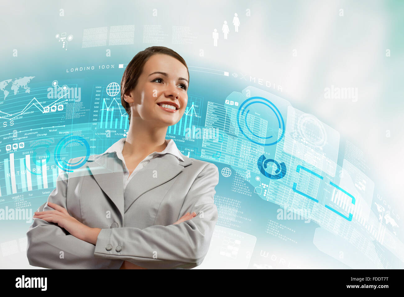 Image of attractive businesswoman against hightech background Stock Photo