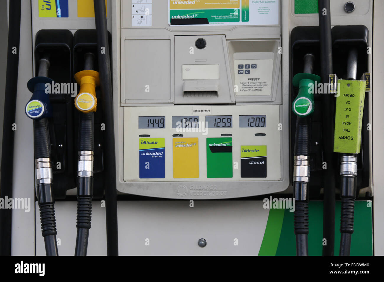 Petrol pump at the BP service station on Parramatta Road, Sydney, Australia. Stock Photo