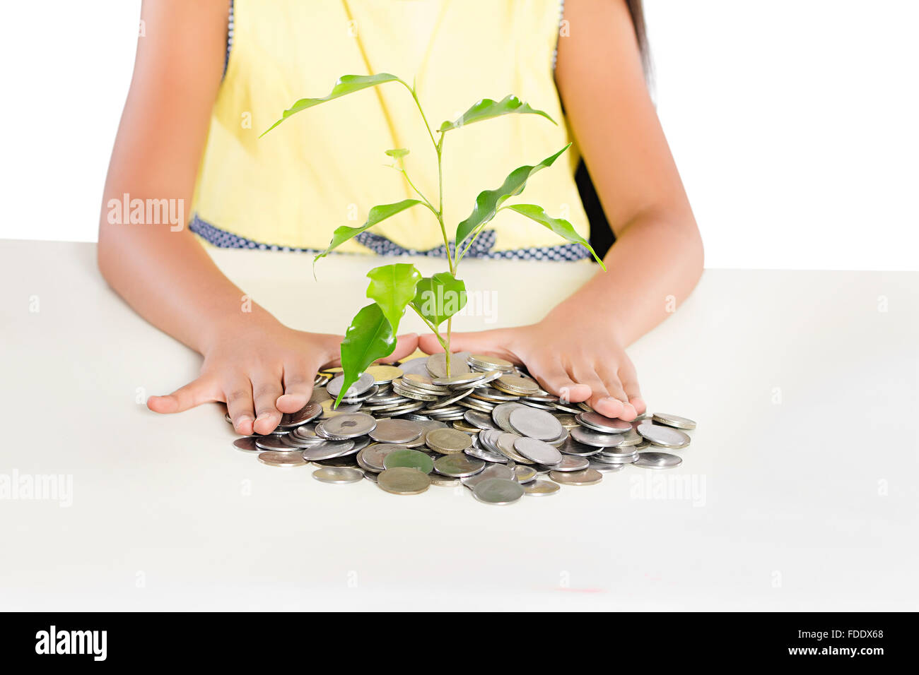 1 Person Only Coin Girl Kid Midsection Money Plant Plant-life Planting Rupees Stock Photo