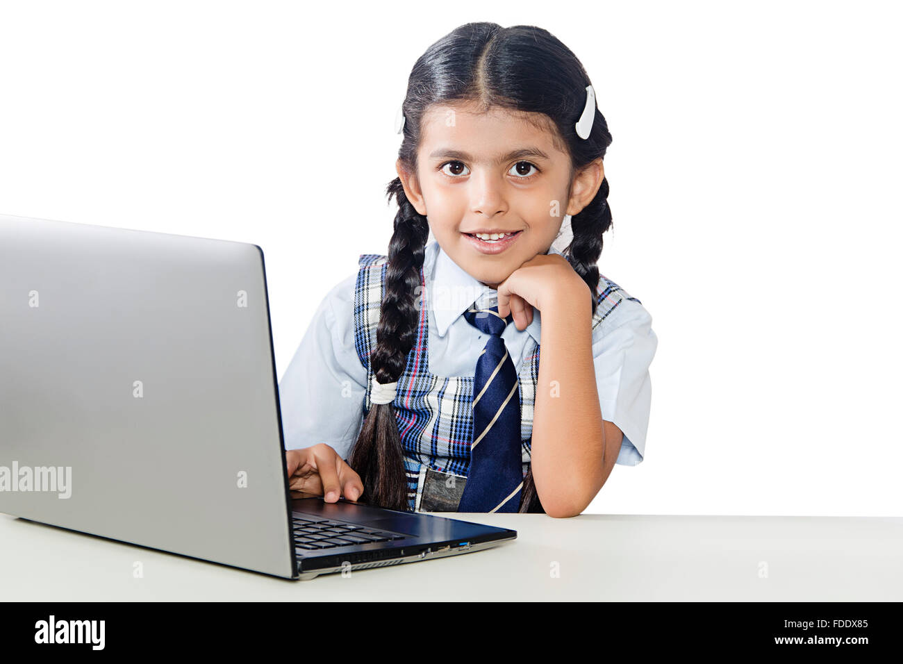 1 Person Only E-Learning Girl Kid Laptop School Sitting Smiling Student Studying Stock Photo