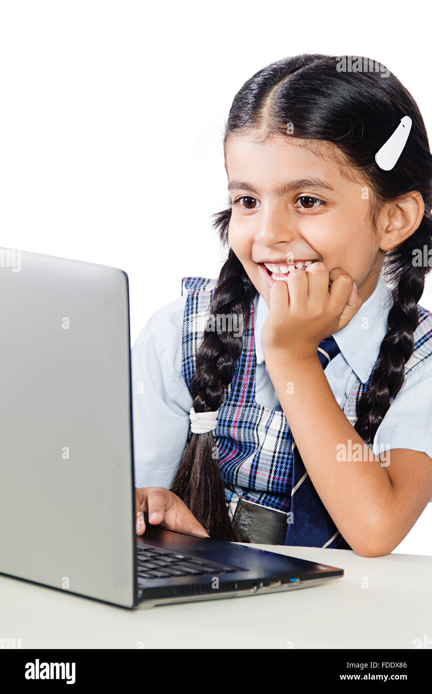 1 Person Only E-Learning Education Girl Kid Laptop School Smiling Student Studying Stock Photo