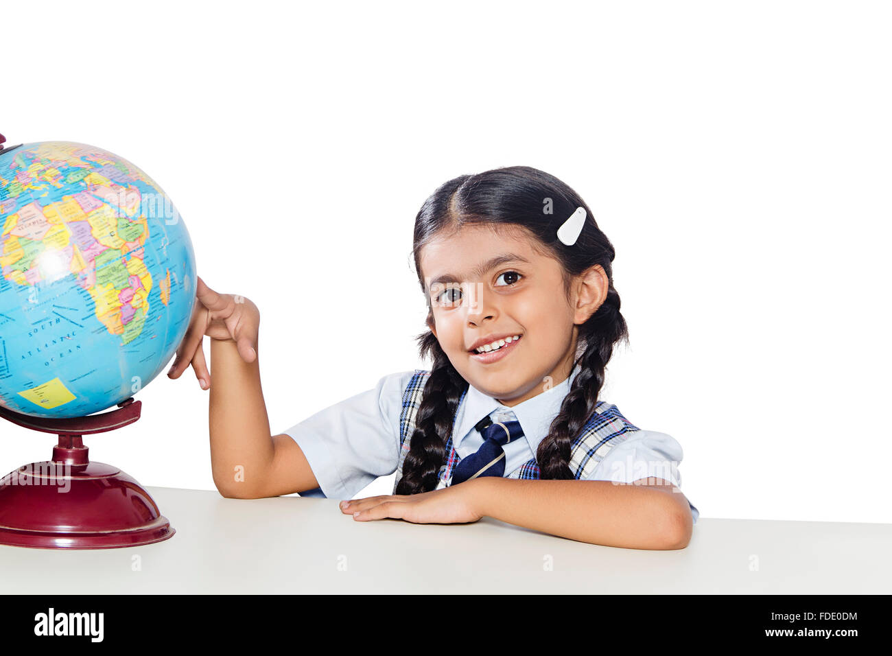 1 Person Only Education Girl Kid School Searching Smiling Student Studying World Globe Stock Photo