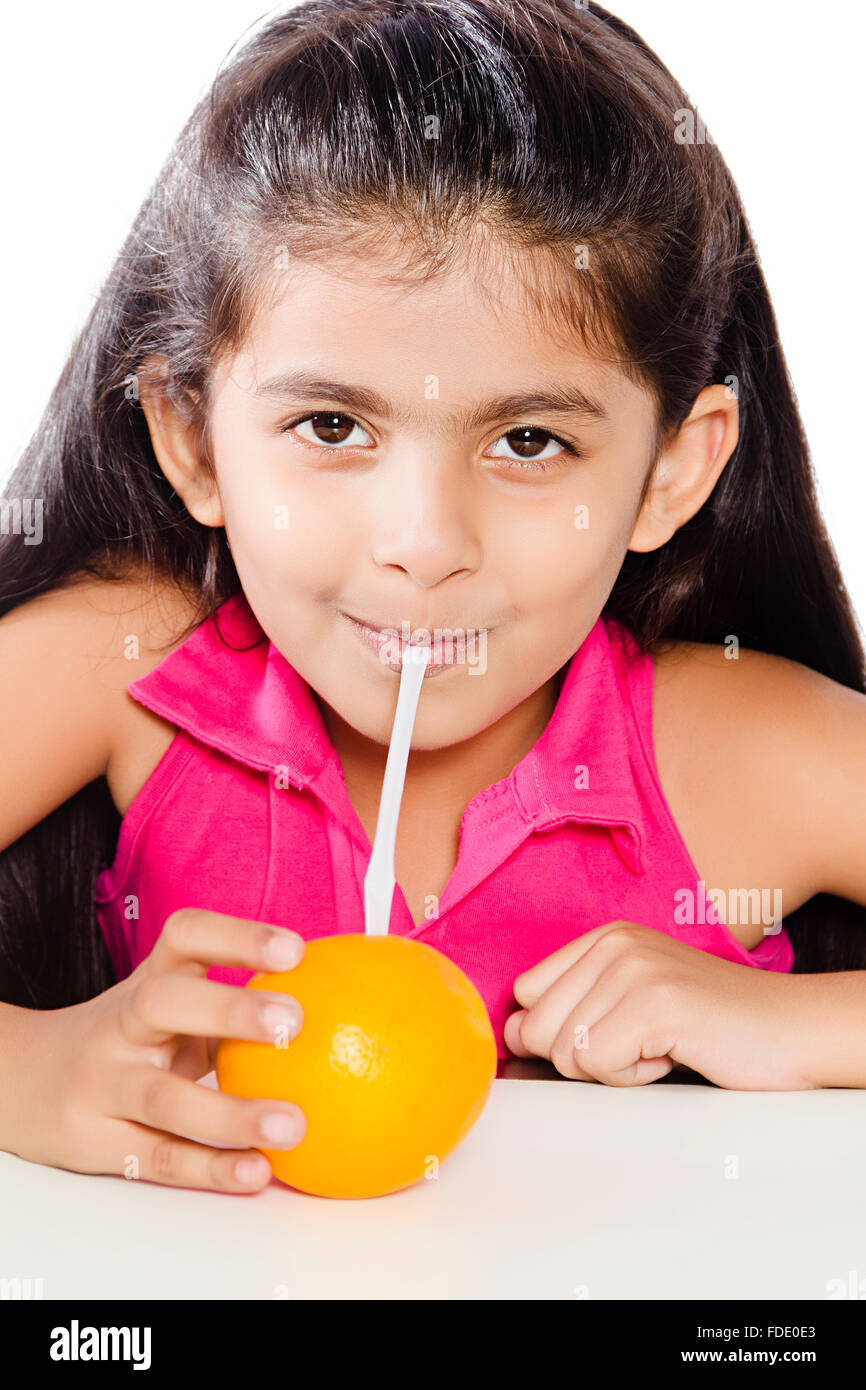 1 Person Only Drinking Straw Fruit Girl Health Juice Kid Orange Refreshment Temptation Stock Photo