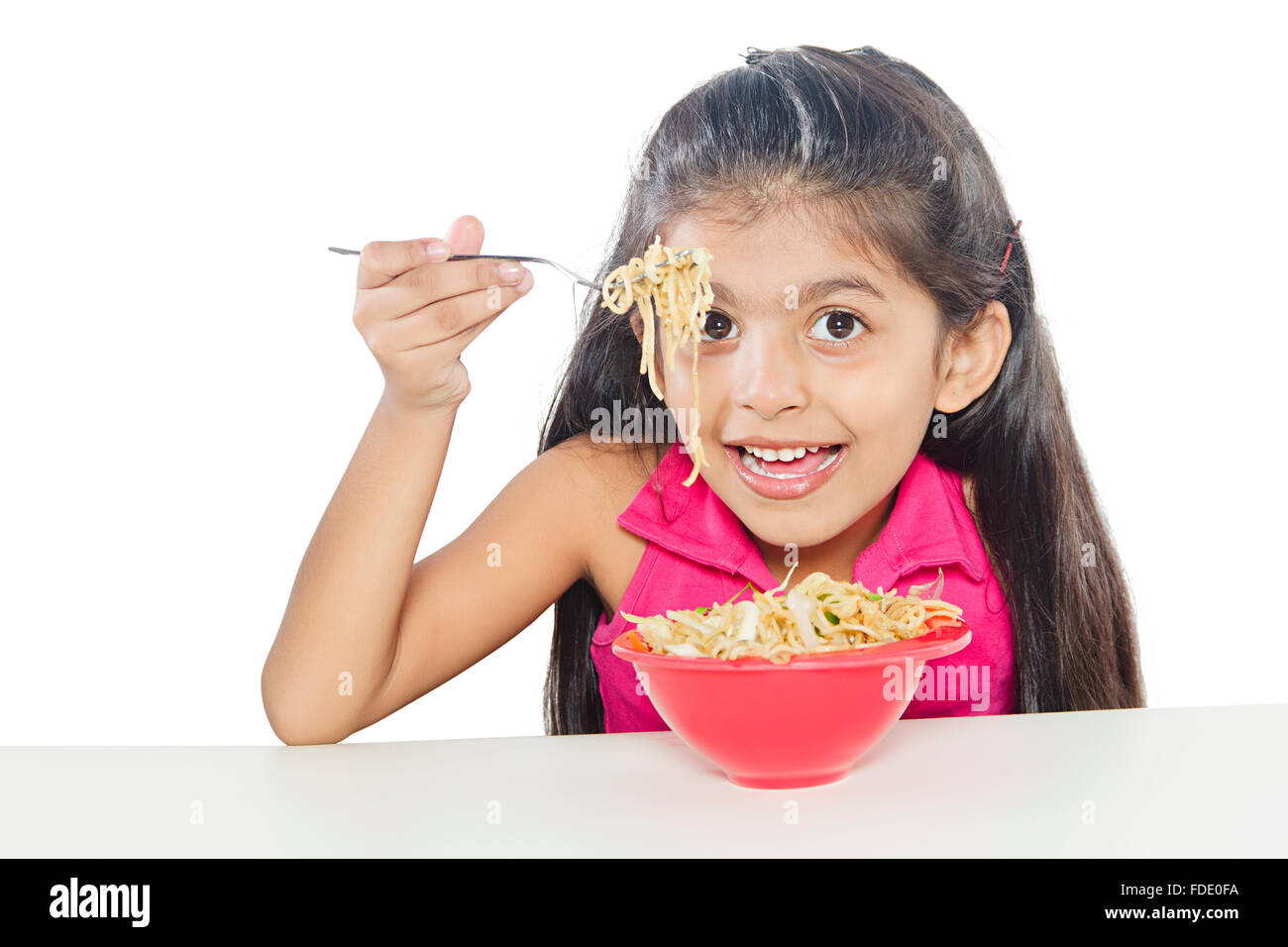Happy girl eating noodles Stock Vector Images - Alamy