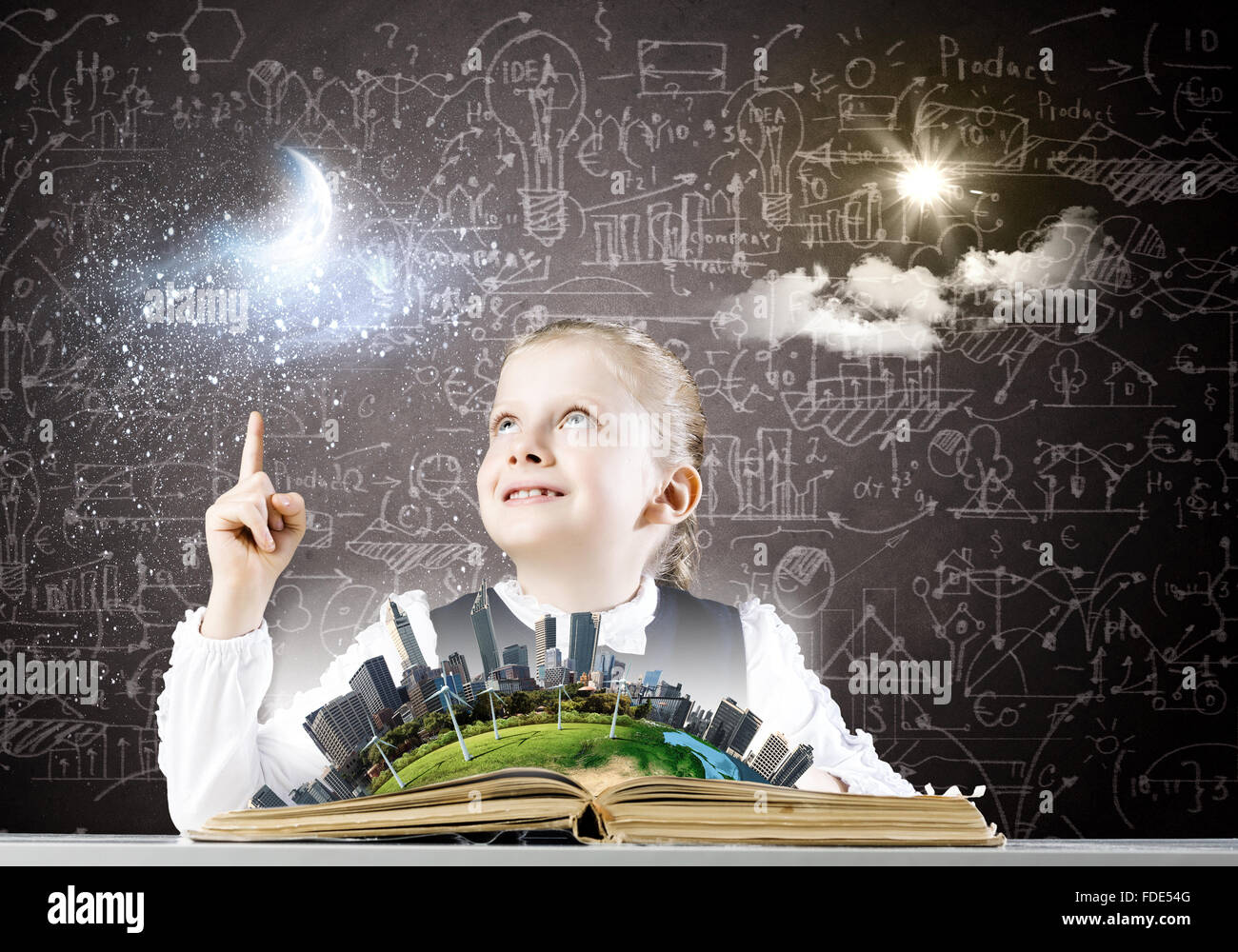 Cute schoolgirl with opened book against sketch background Stock Photo ...