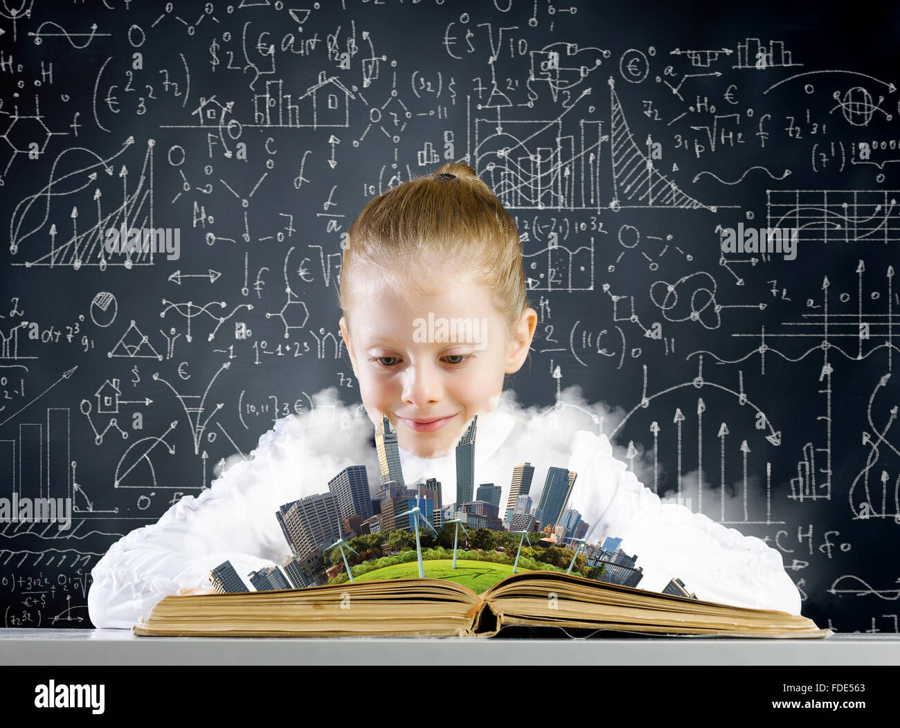 Cute schoolgirl with opened book against sketch background Stock Photo ...