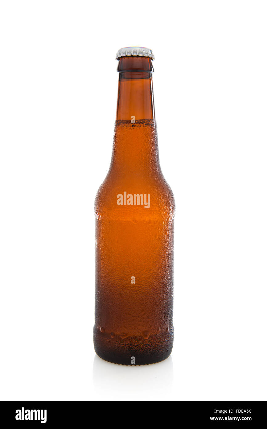 Cold Bottle of unlabelled beer on a white background Stock Photo