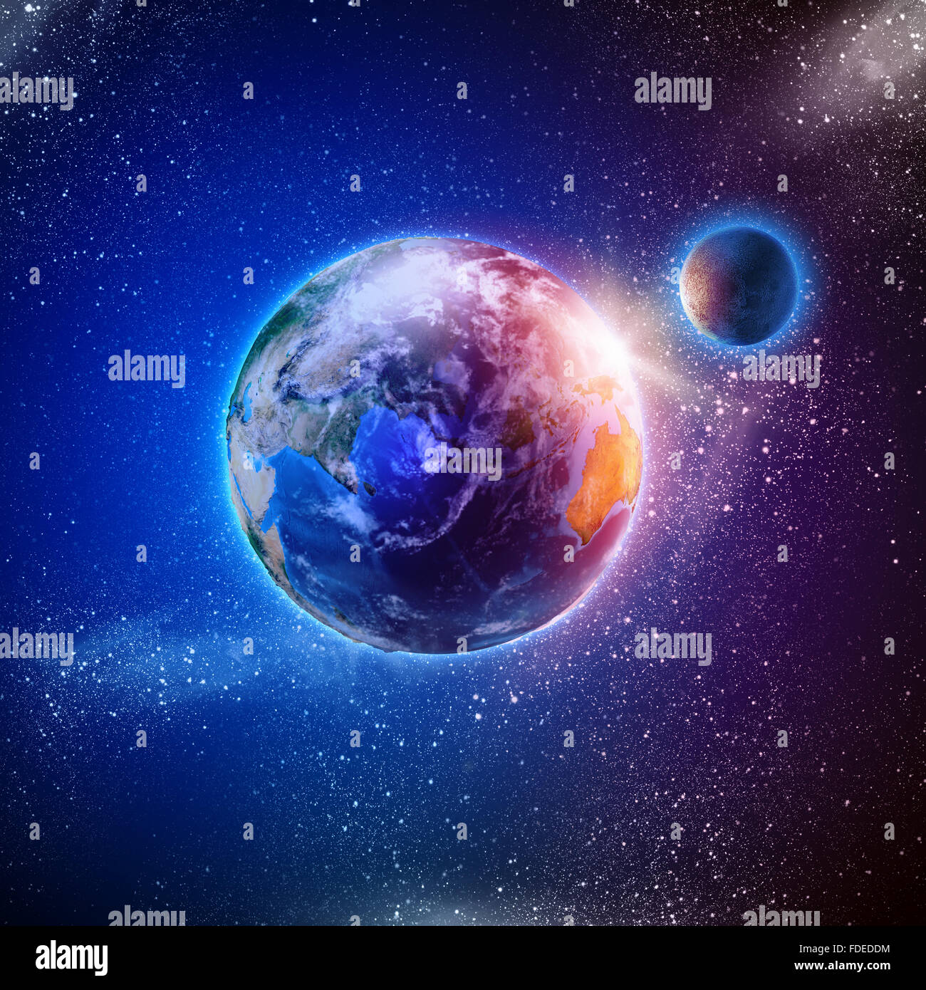 Earth planet in sun rays. Elements of this image are furnished by NASA ...