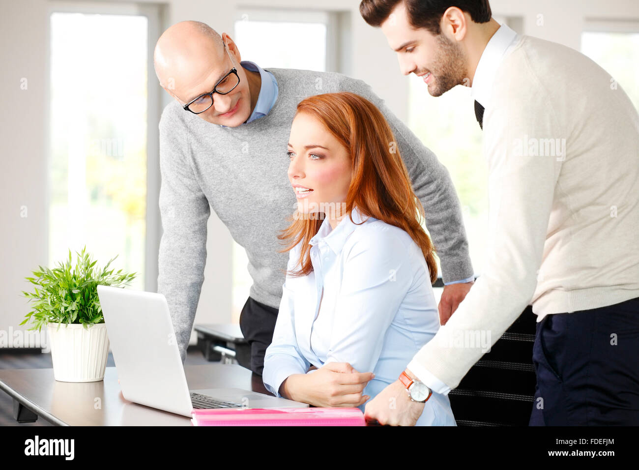 Portrait of business colleagues working on laptop. Teamwork at office ...