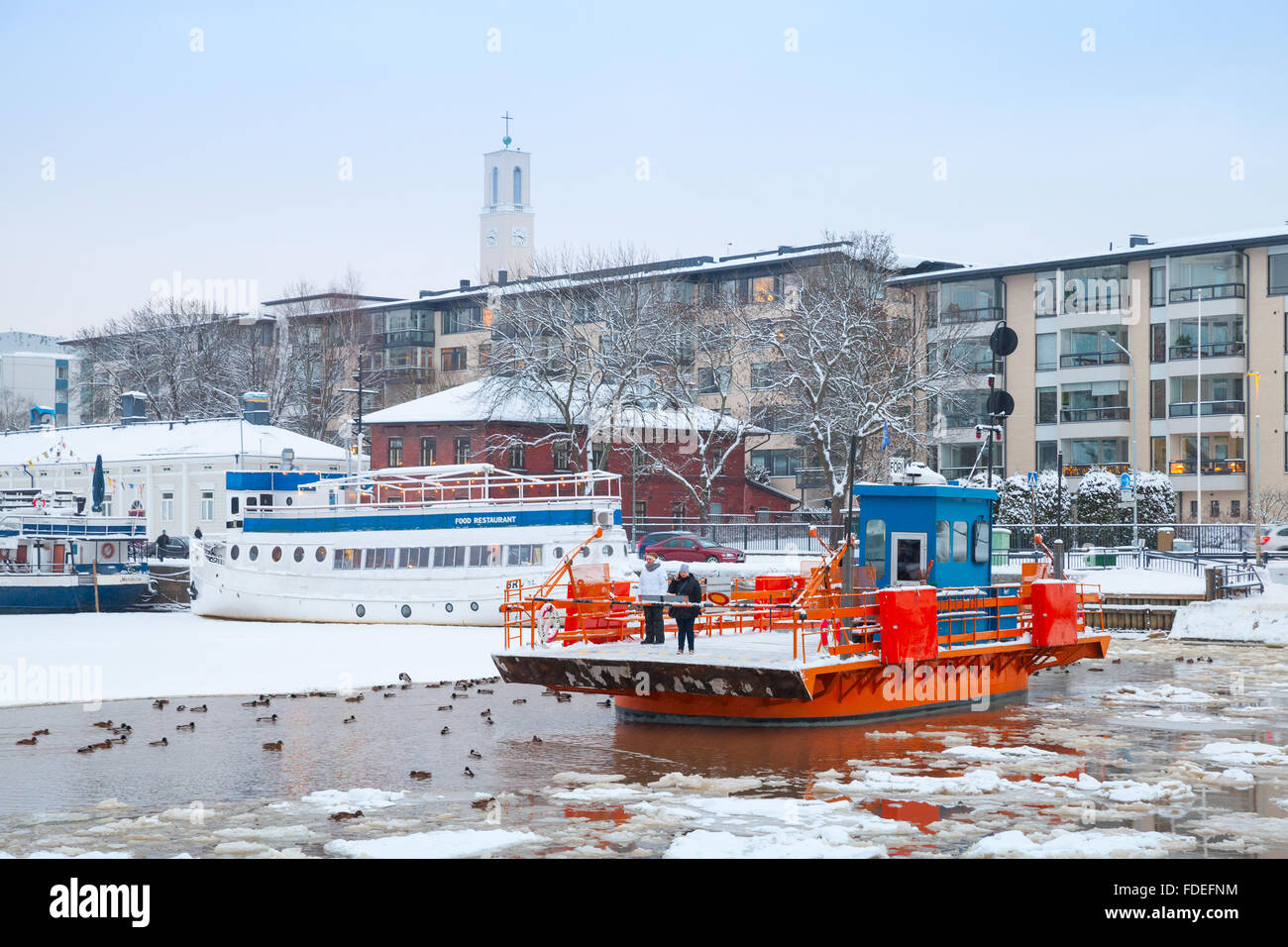 Turku, Finland - January 17, 2016: Ordinary passengers on historic city boat Fori, light traffic ferry Stock Photo