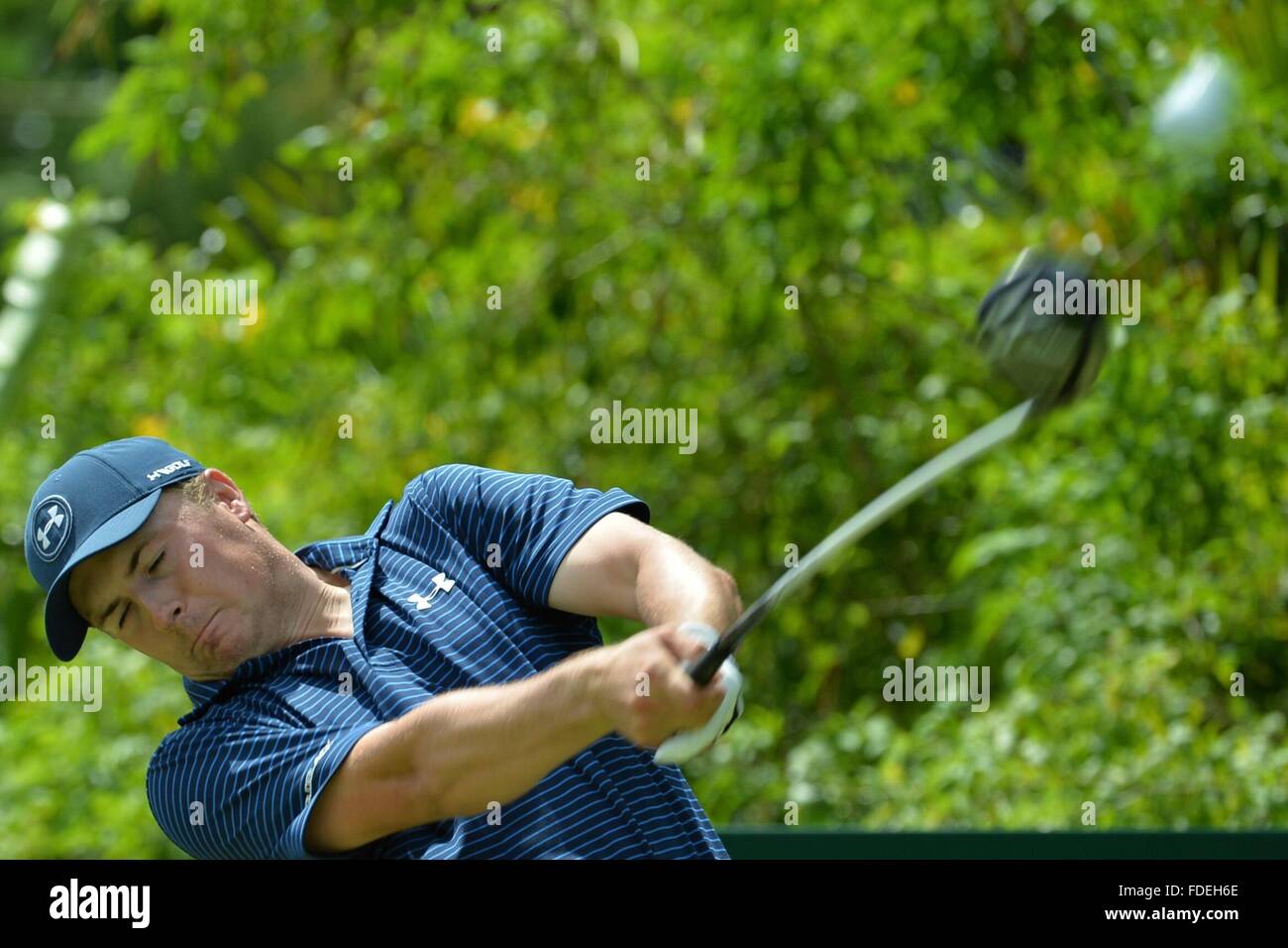 Singapore. 31st Jan, 2016. Jordan Spieth of the United States tees off during the SMBC Singapore Open held at Singapore's Sentosa Golf Club Serapong course, Jan. 31, 2016. © Then Chih Wey/Xinhua/Alamy Live News Stock Photo
