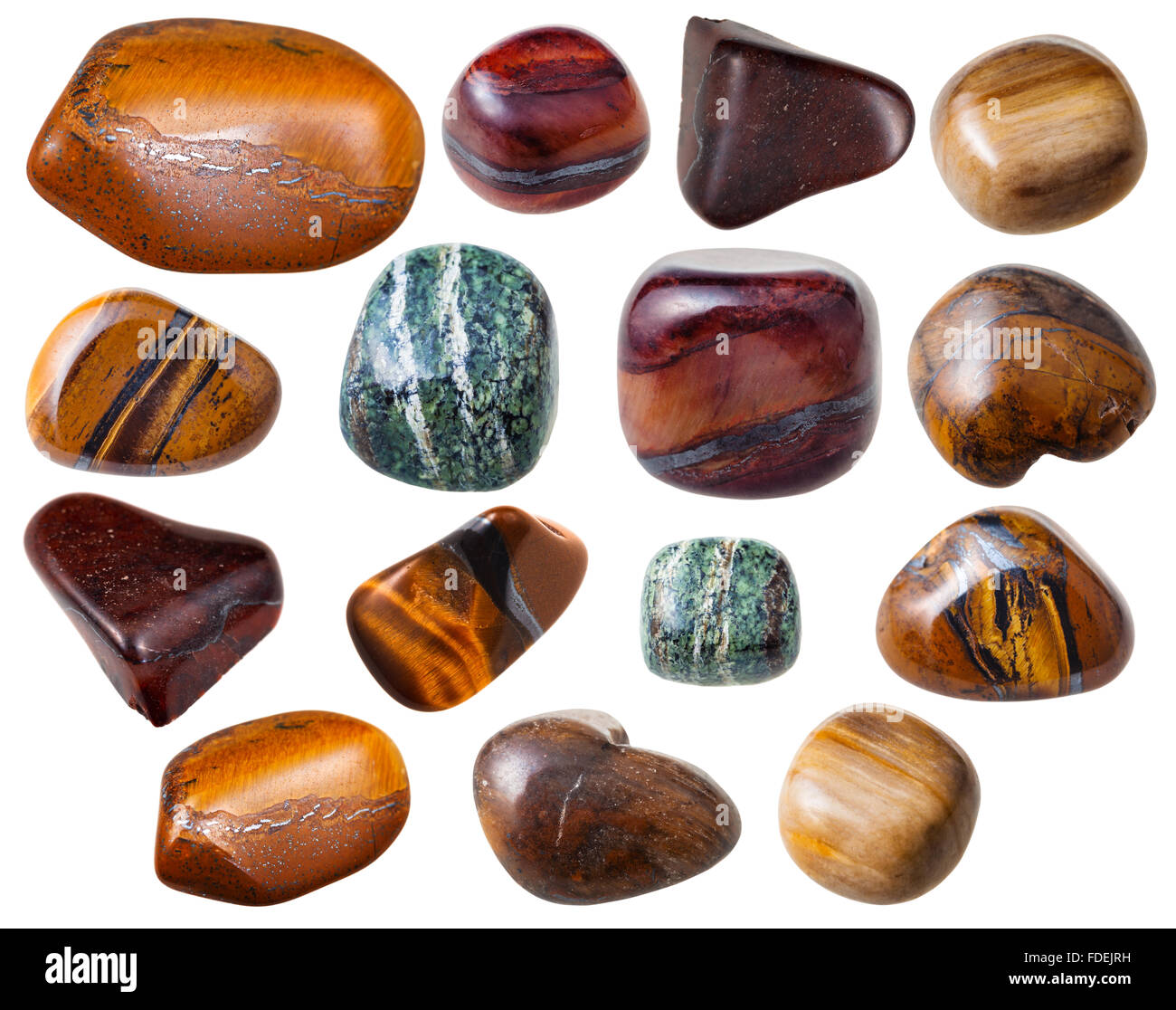 set natural mineral gem stones - various Tiger's eye ( Tigereye) gemstones  isolated on white background Stock Photo - Alamy