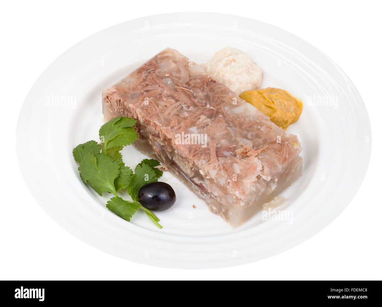 piece of beef jelly with seasonings on white plate isolated on white